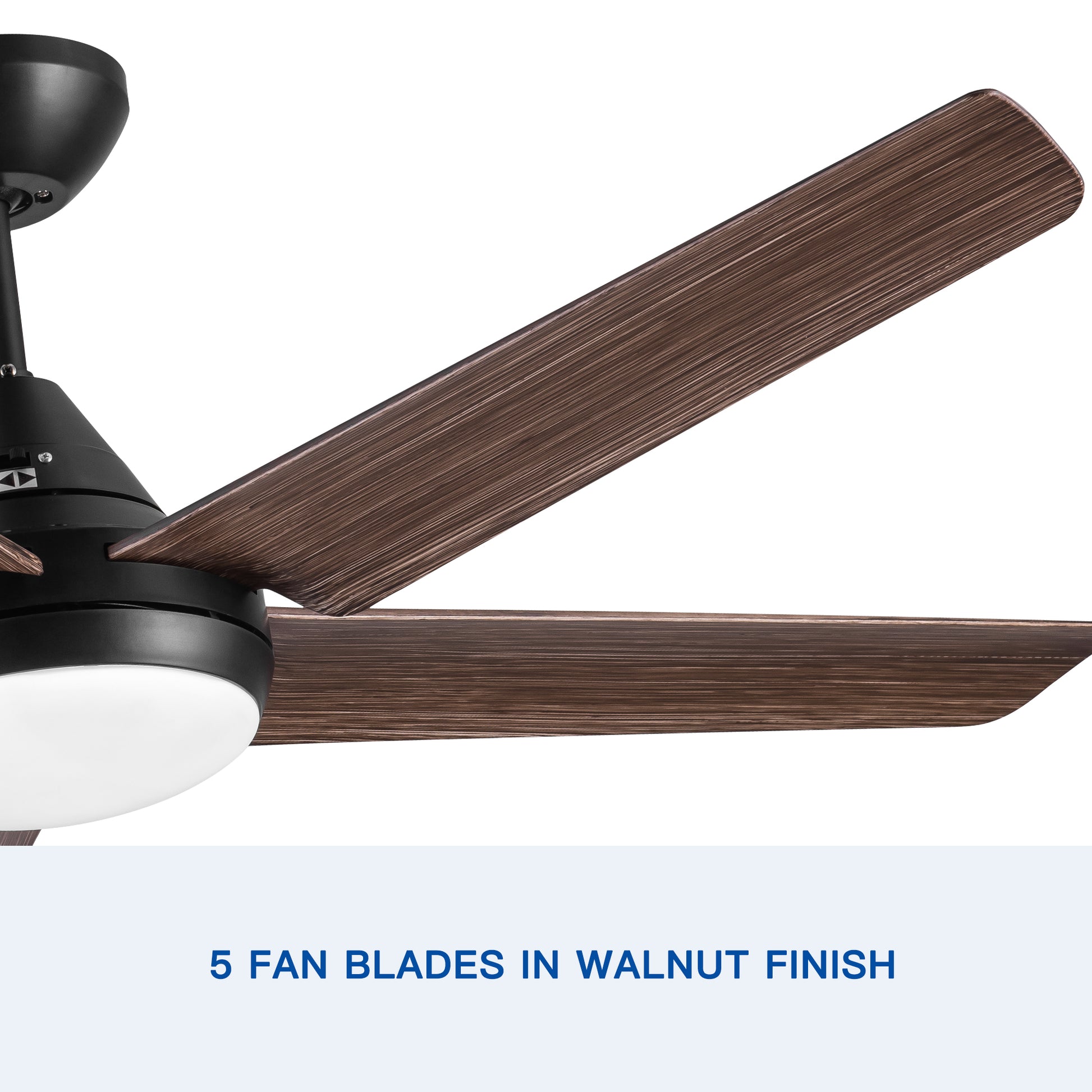 Black modern ceiling fan with five walnut finish blades and integrated LED light