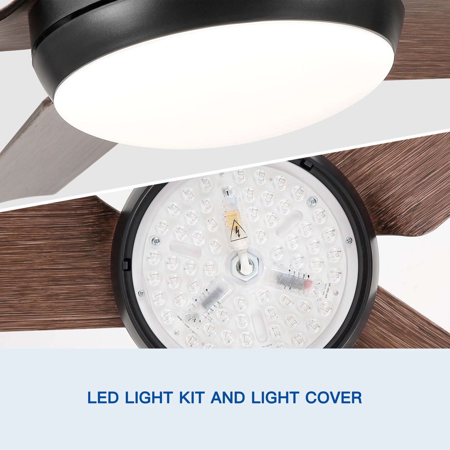 Close up of a modern ceiling fan with integrated LED light kit showing dark wood blades