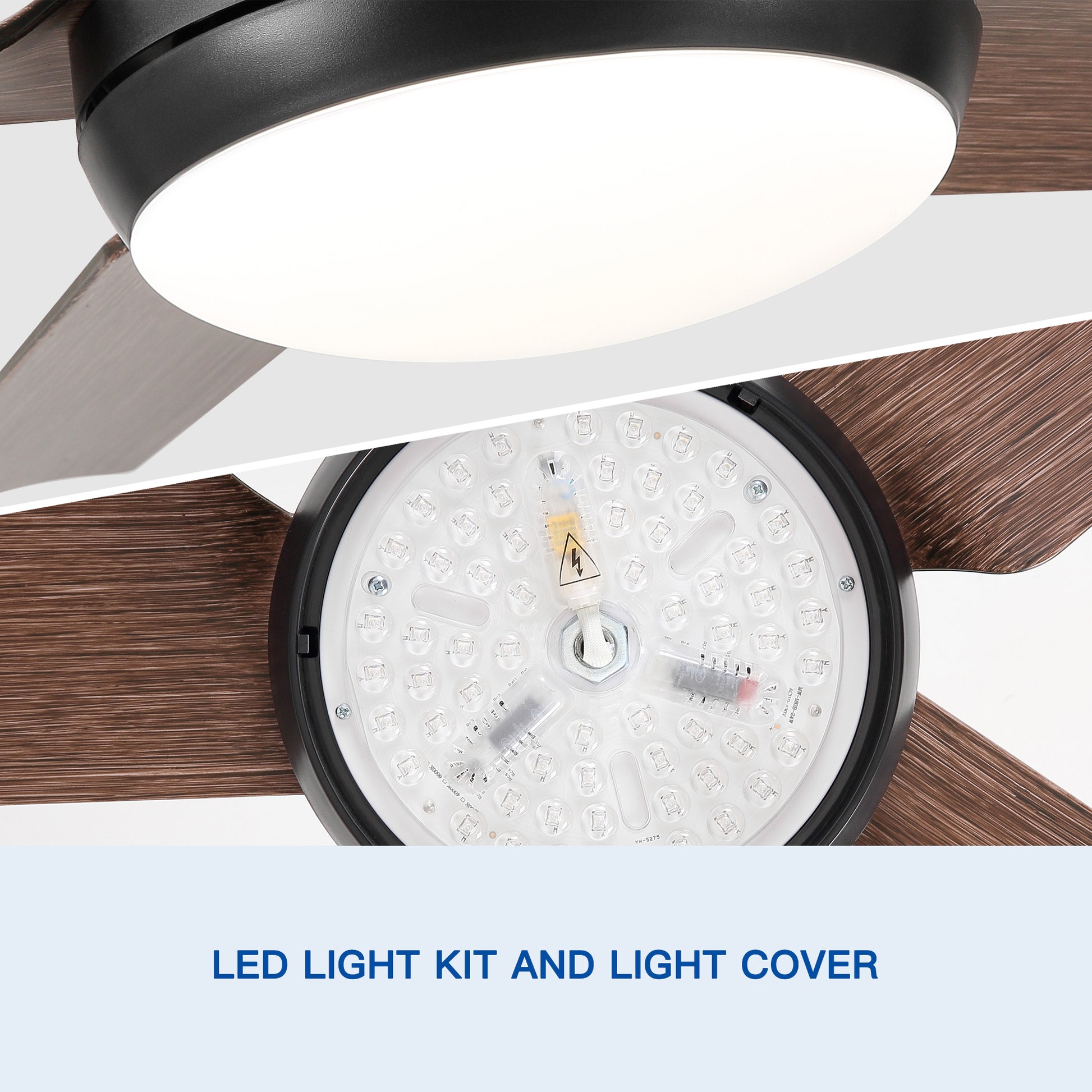 Close up of a modern ceiling fan with integrated LED light kit showing dark wood blades
