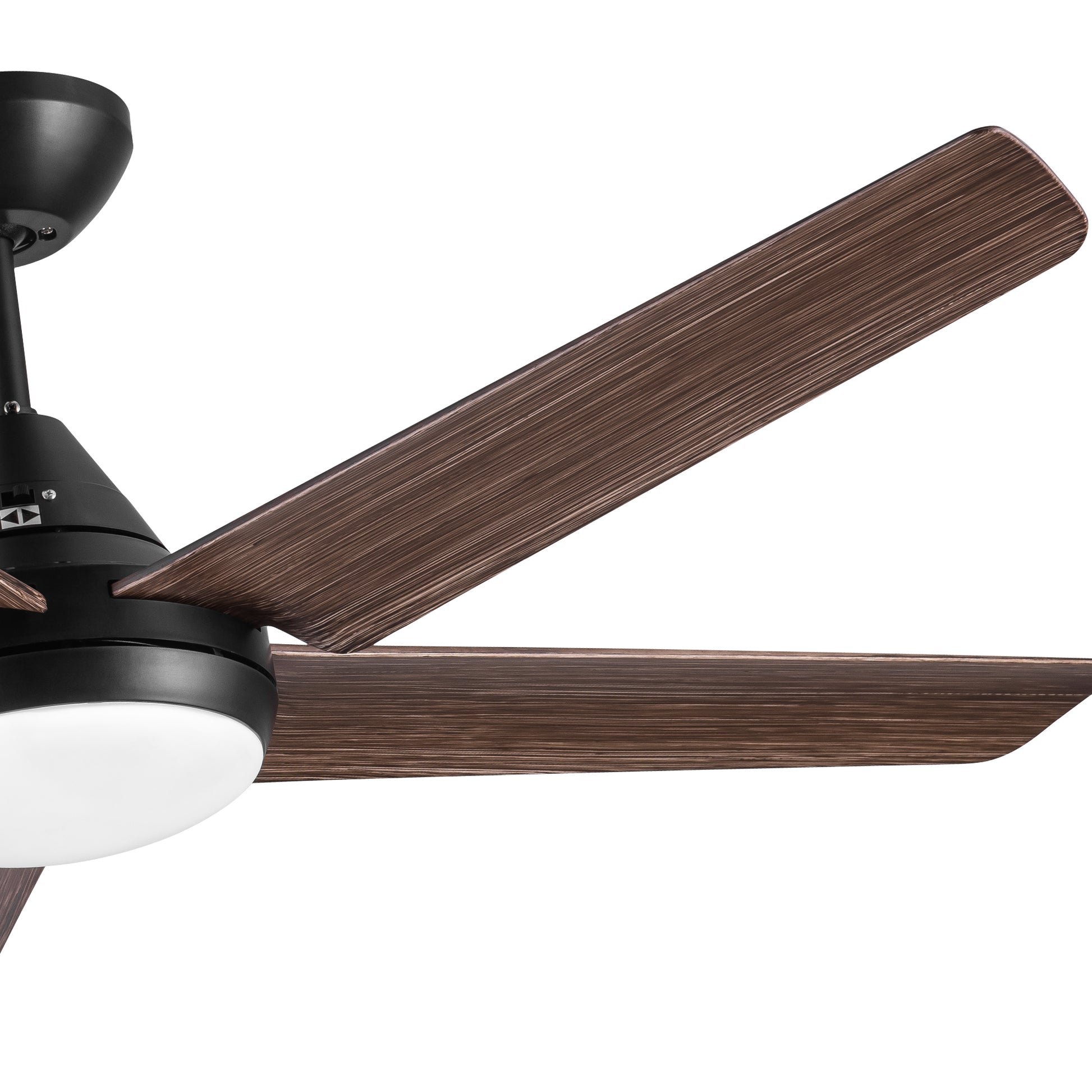 Black and wood grain modern ceiling fan with integrated light