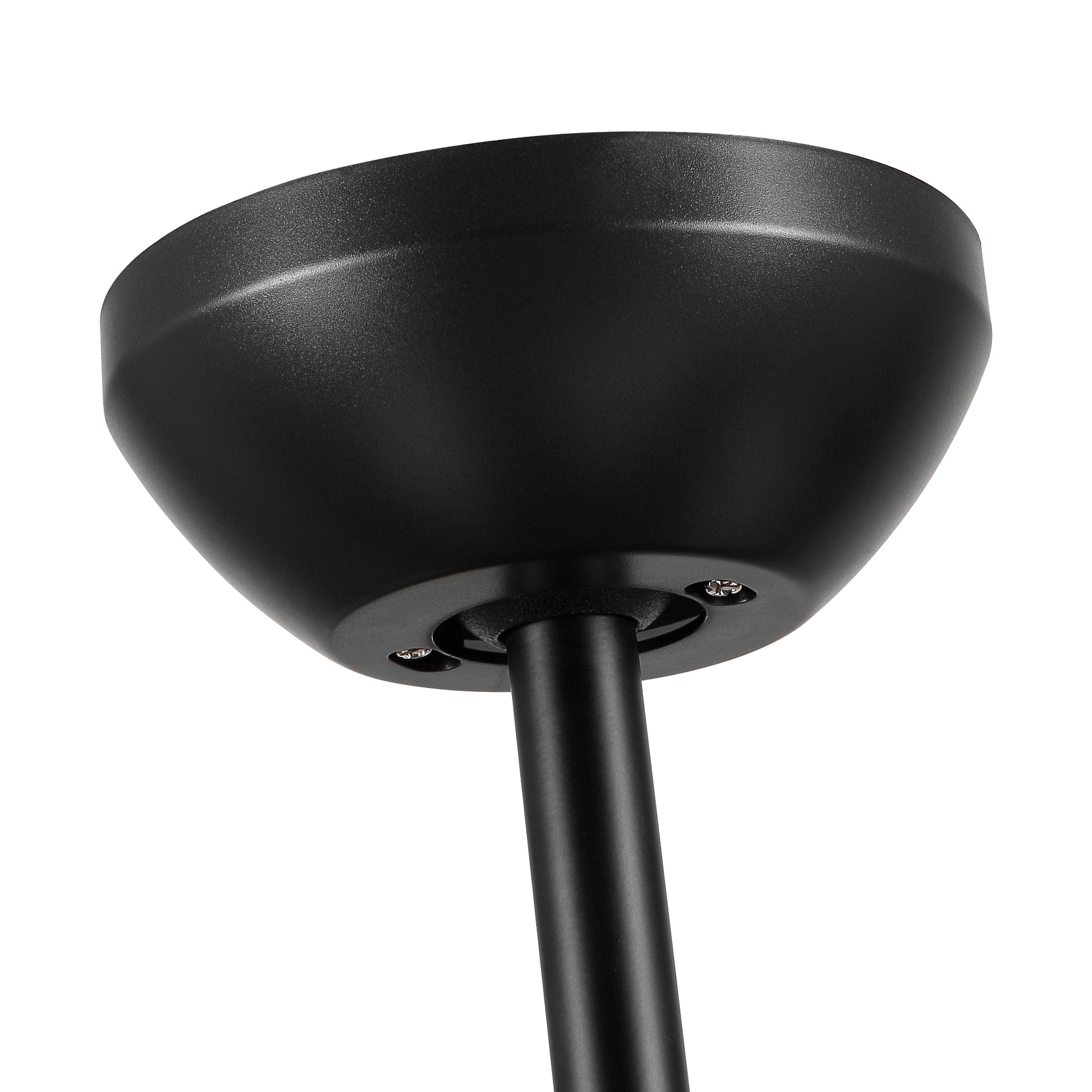 Black metal ceiling fan canopy detail with visible mounting screws