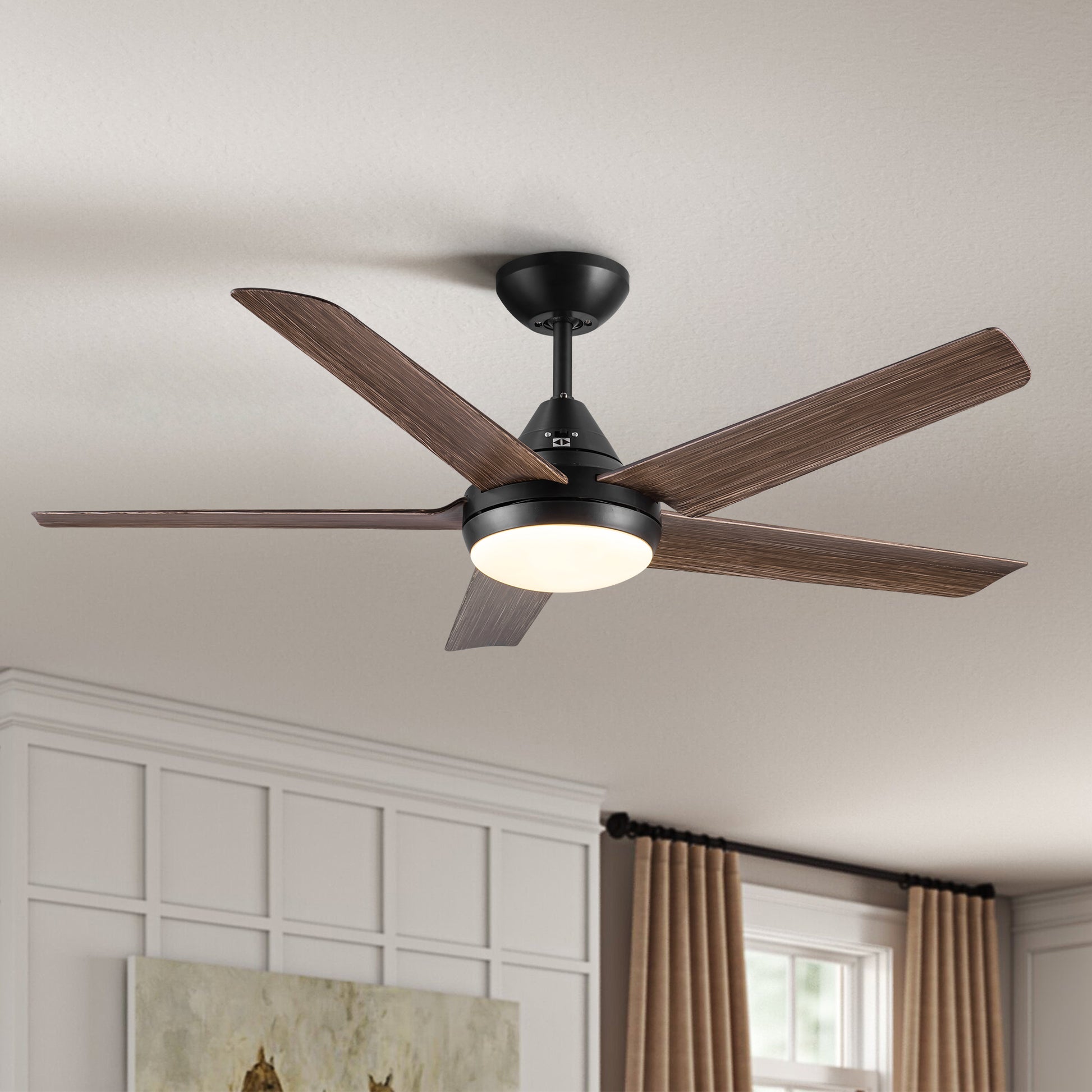 Black blade ceiling fan with modern dark wood blades and integrated LED light