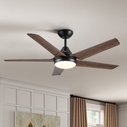 Black blade ceiling fan with modern dark wood blades and integrated LED light