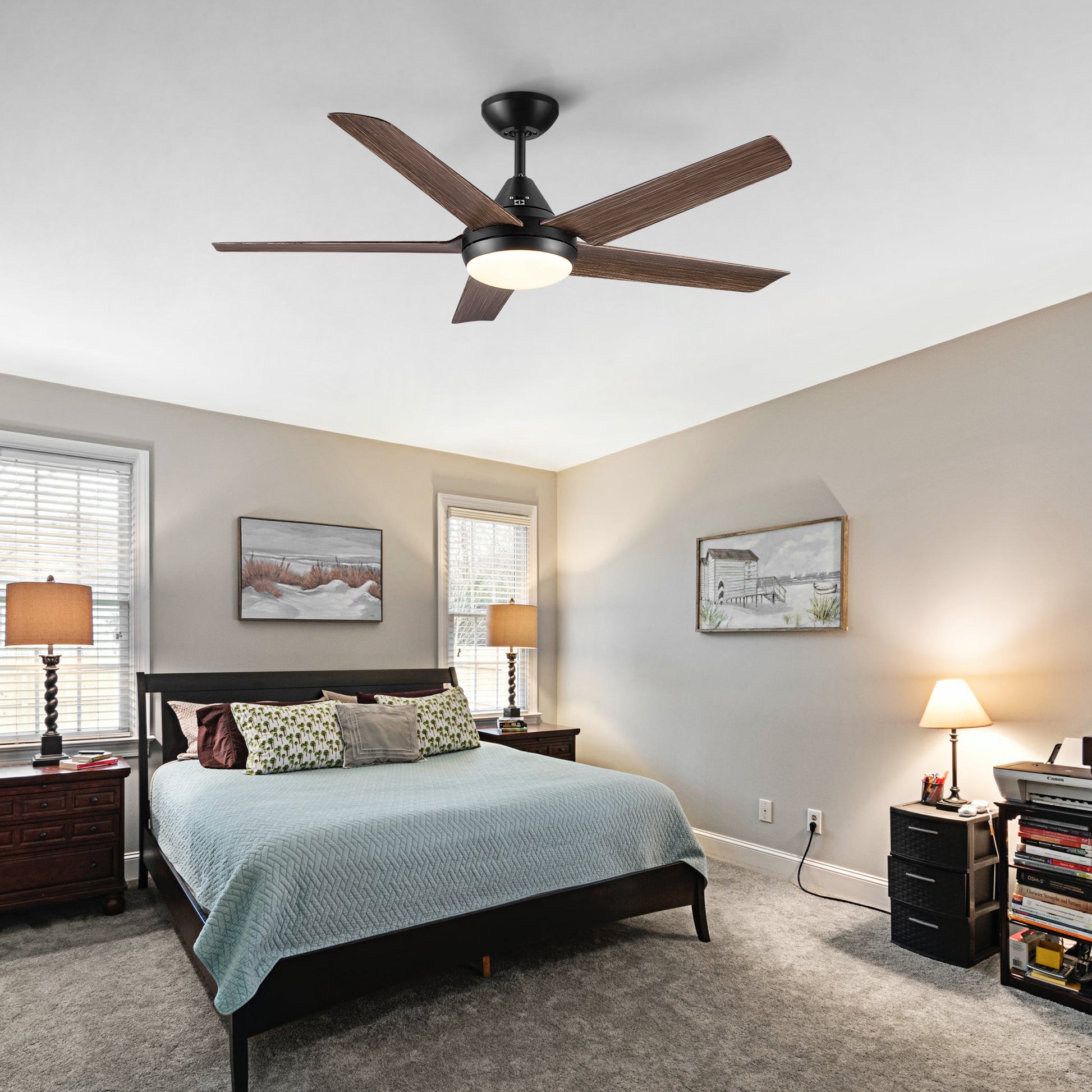 Black fiveblade ceiling fan with integrated LED light and woodgrain blades modern design
