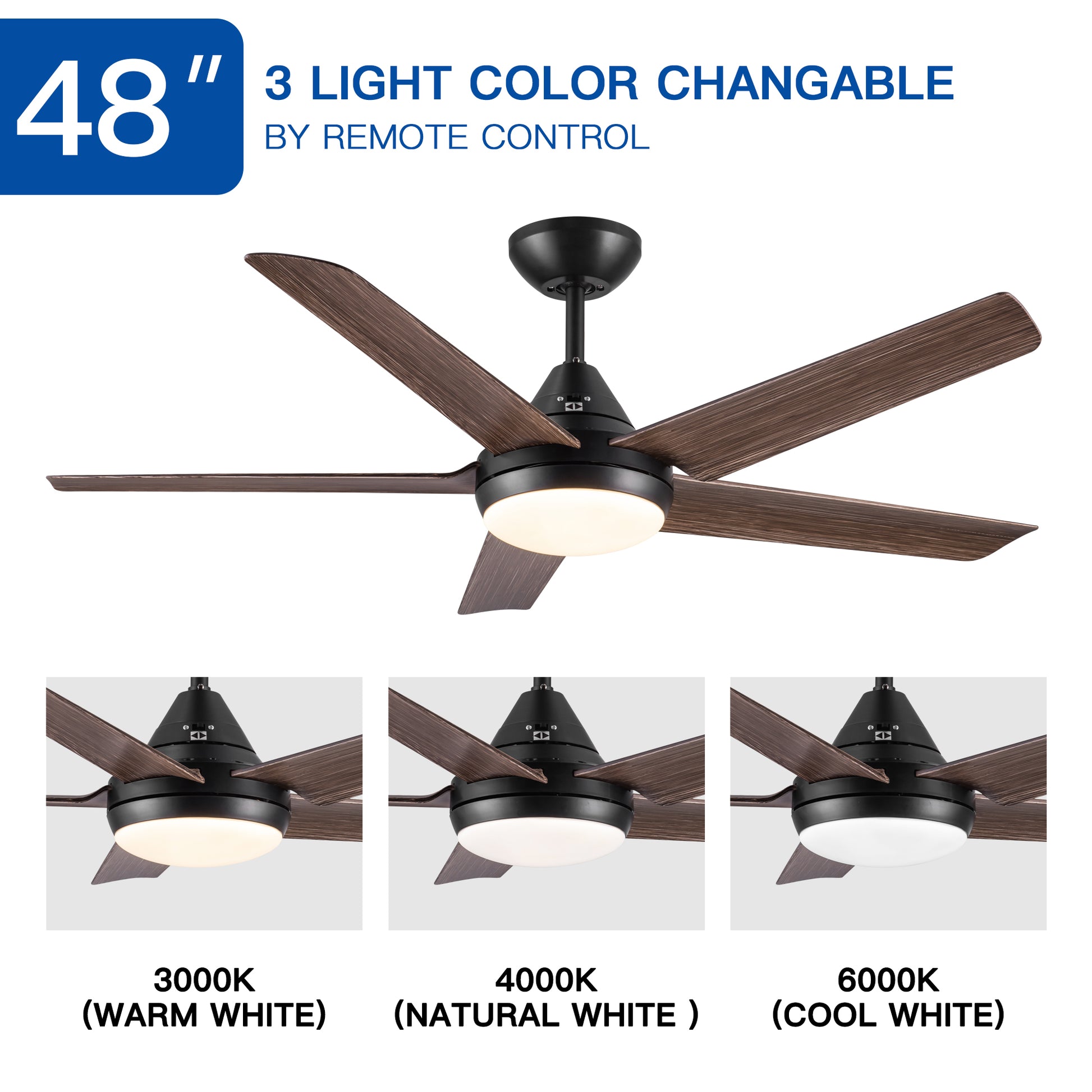 inch black modern ceiling fan with five dark wood blades and integrated LED light
