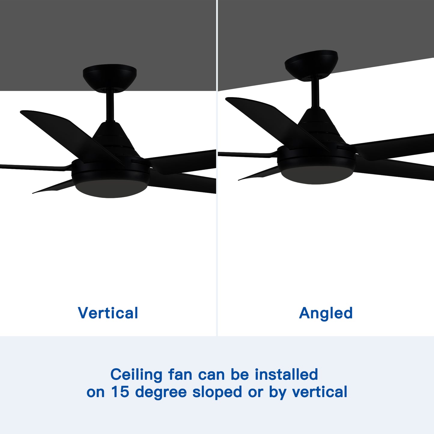 Black fiveblade ceiling fan for vertical installation showcasing its sleek design