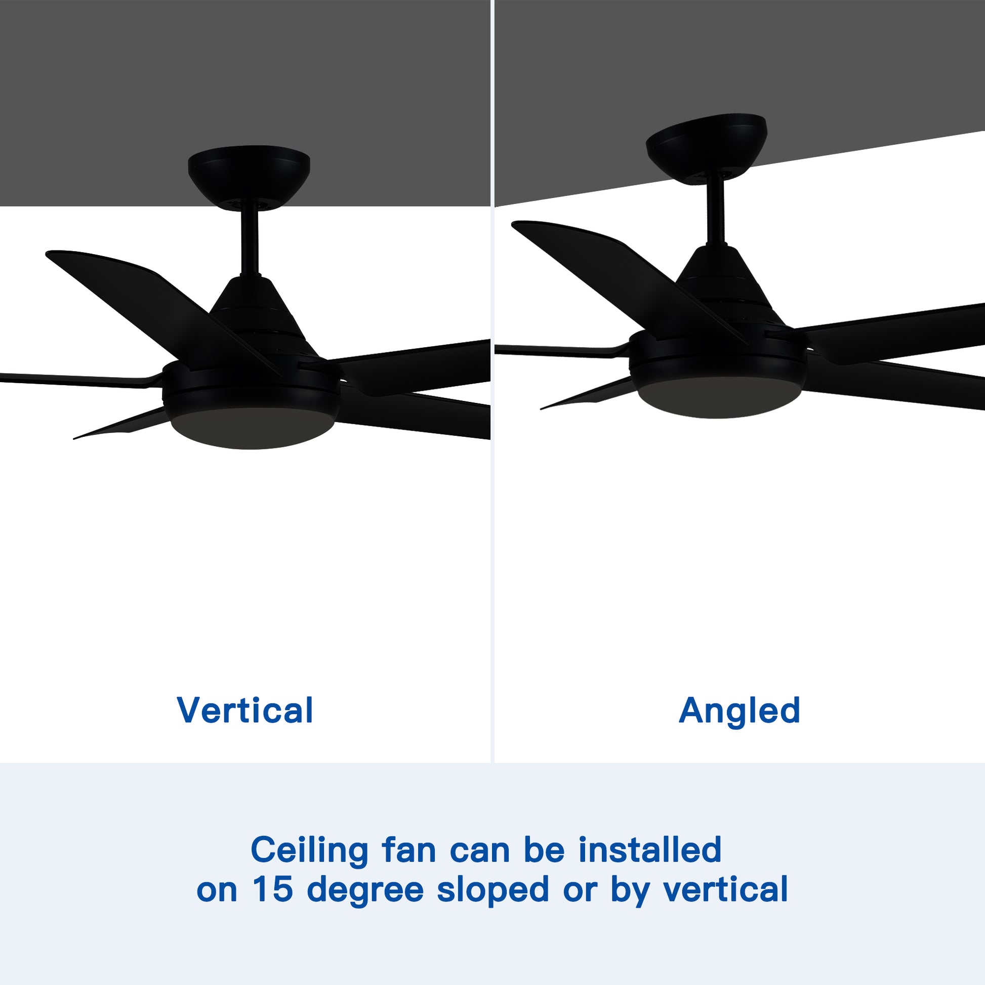 Black fiveblade ceiling fan for vertical installation showcasing its sleek design