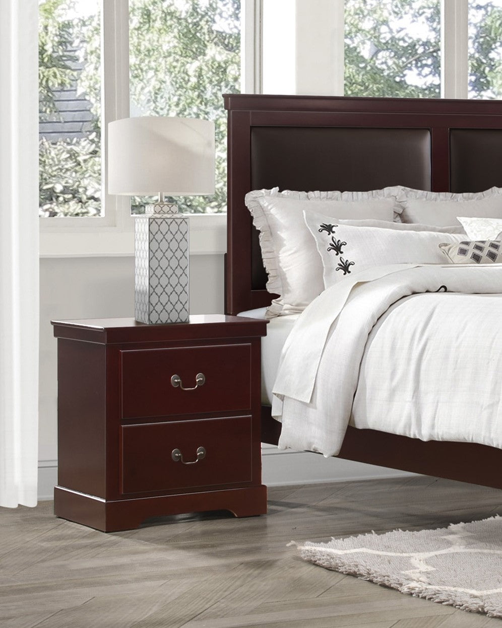 Dark cherry wood nightstand with two drawers and brass pulls