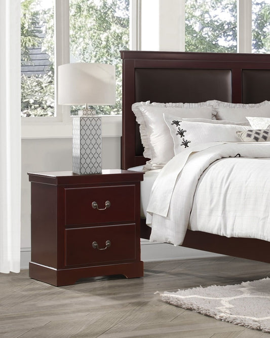 Dark cherry wood nightstand with two drawers and brass pulls