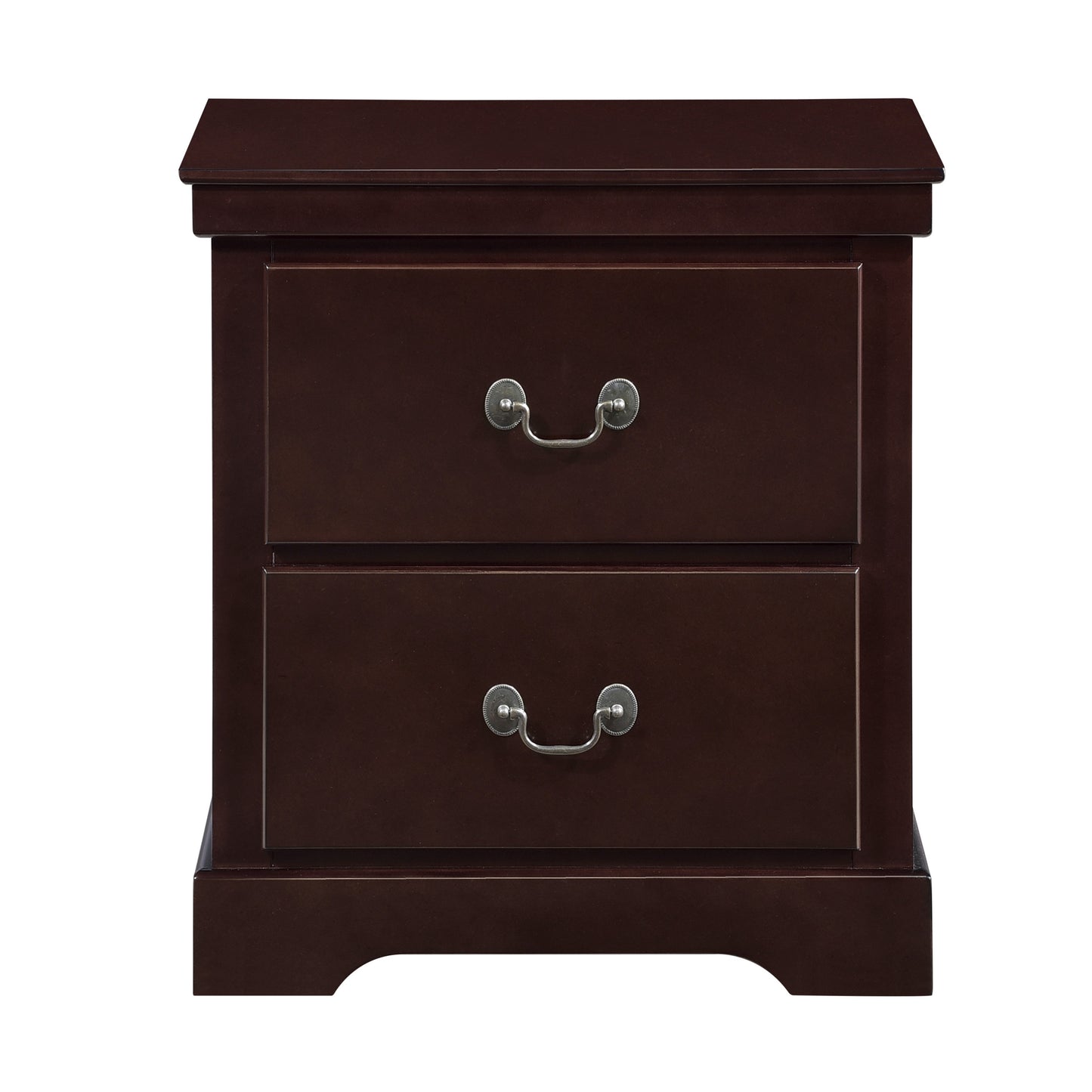 Dark brown wooden nightstand with two drawers and silver pull handles