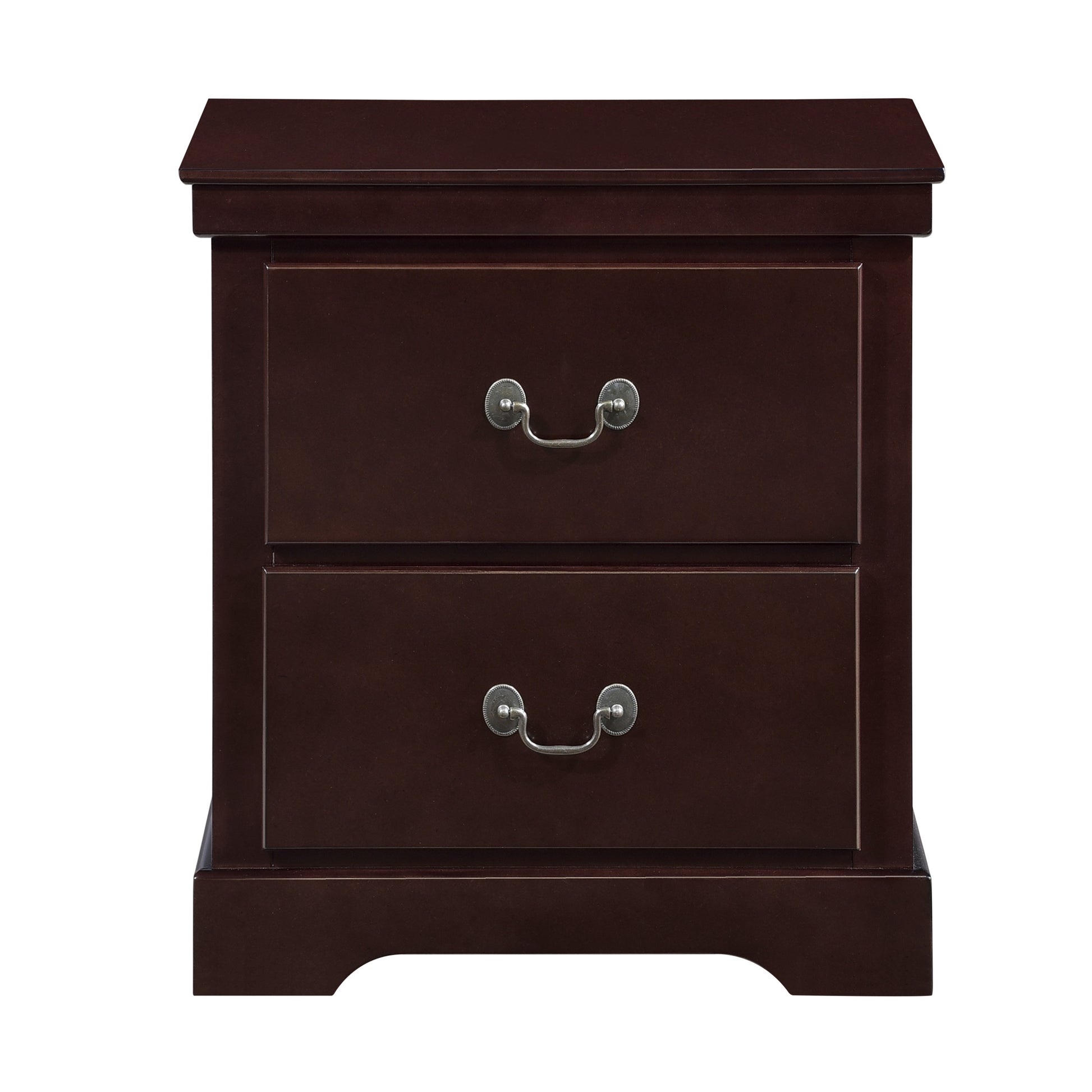 Dark brown wooden nightstand with two drawers and silver pull handles