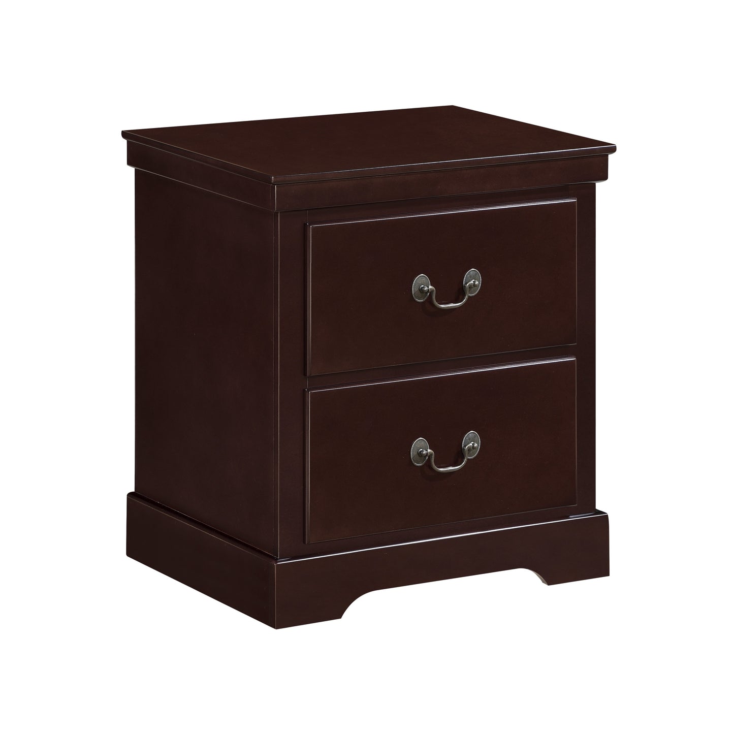 Dark brown wooden nightstand with two drawers and antique brass handles