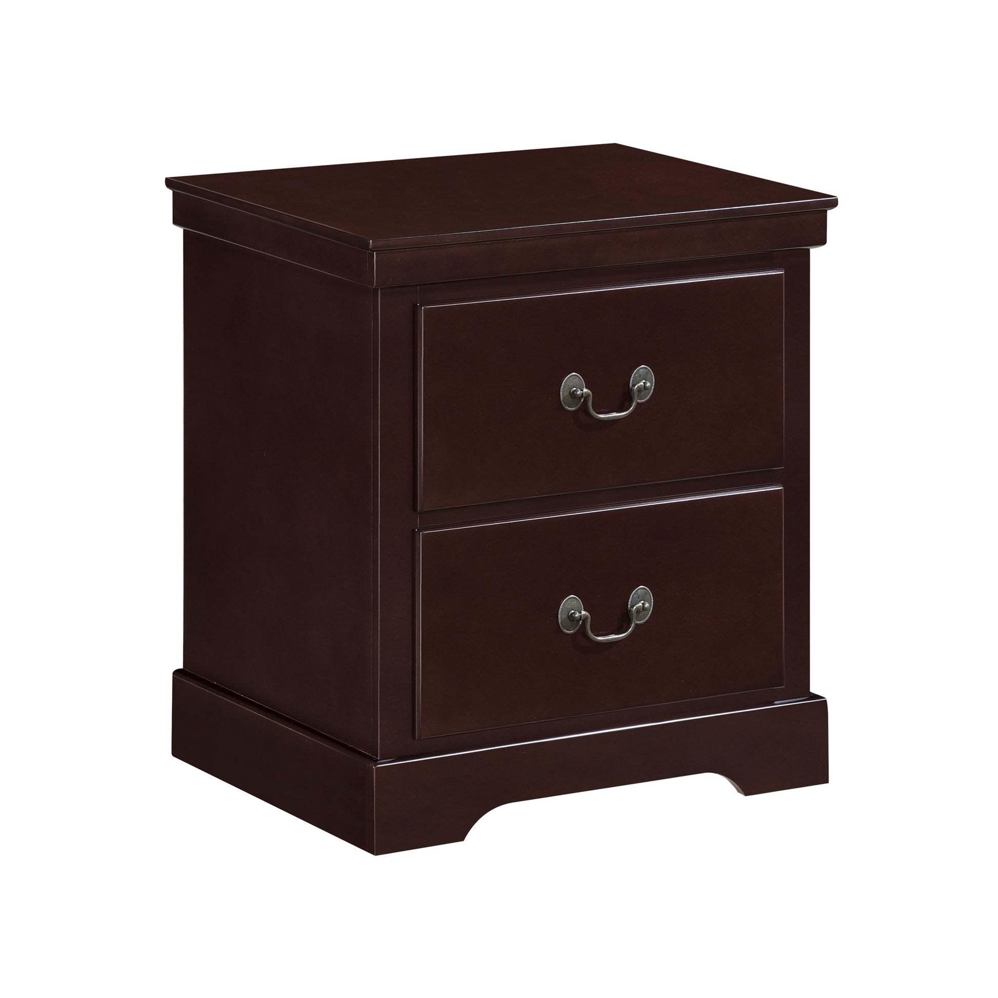 Dark brown wooden nightstand with two drawers and antique brass handles