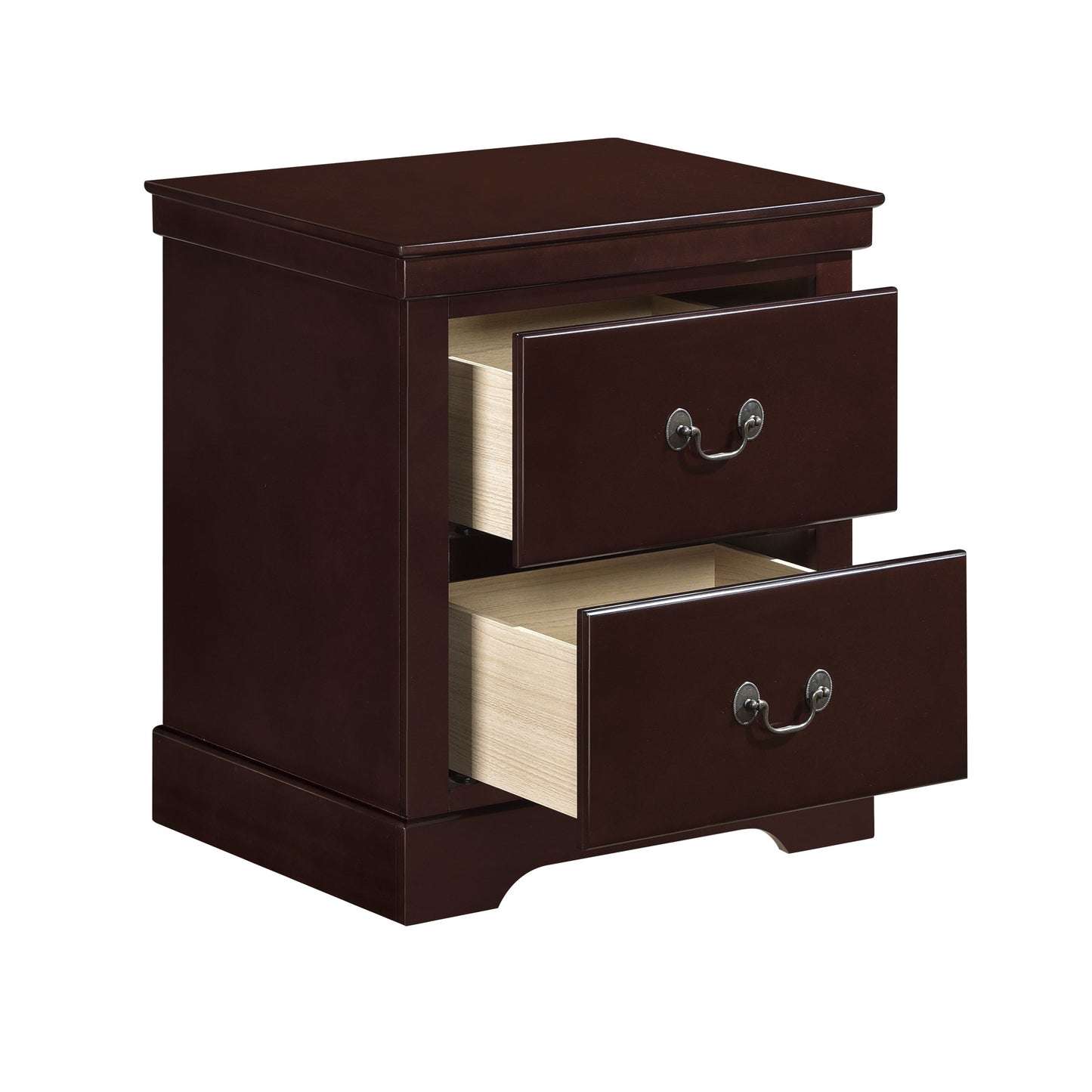 Dark brown wood nightstand with two drawers featuring silver cup pulls