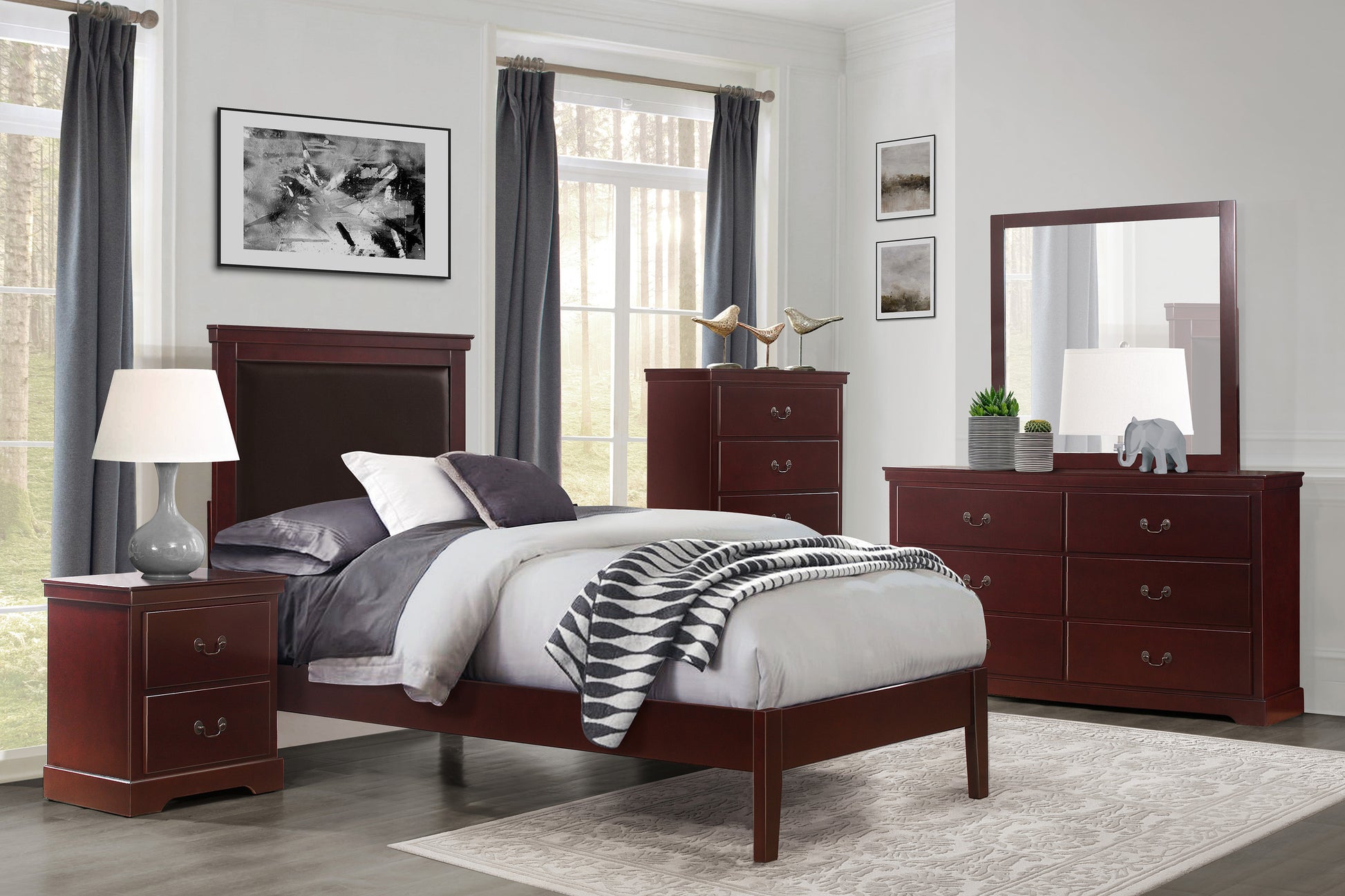 Dark cherry wood bed frame with upholstered headboard
