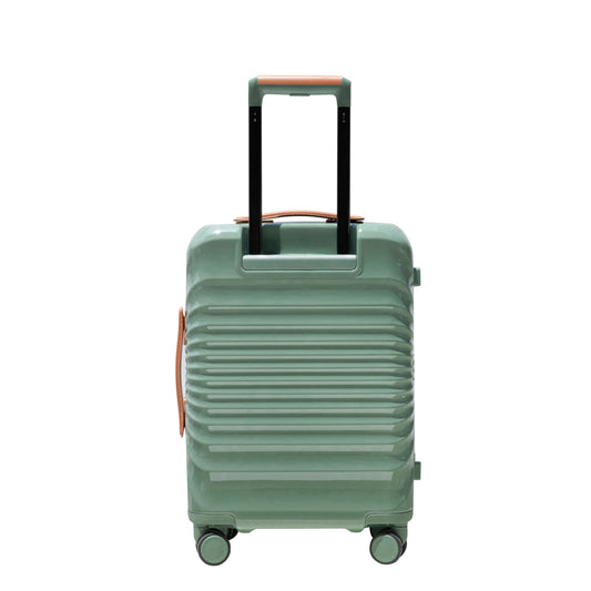 Sage green hardshell carryon suitcase with ribbed texture and brown leather accents