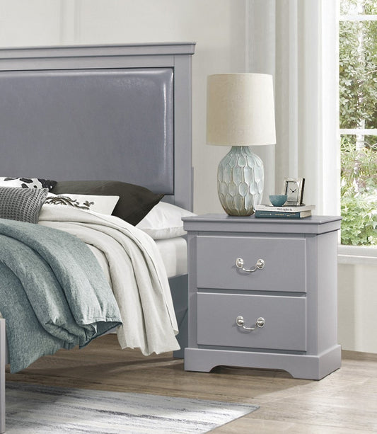 Gray wooden nightstand with two drawers and silver pulls