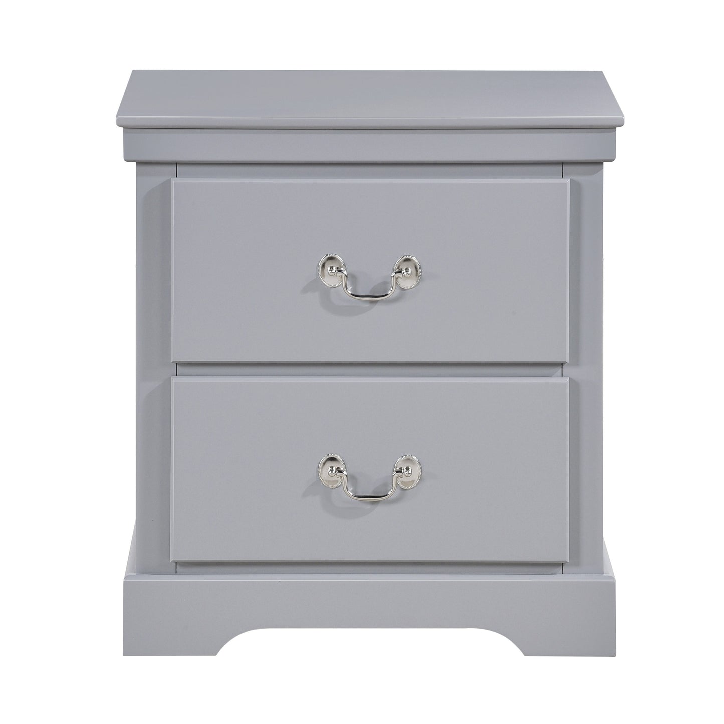 Gray wooden nightstand with two drawers and brushed nickel handles