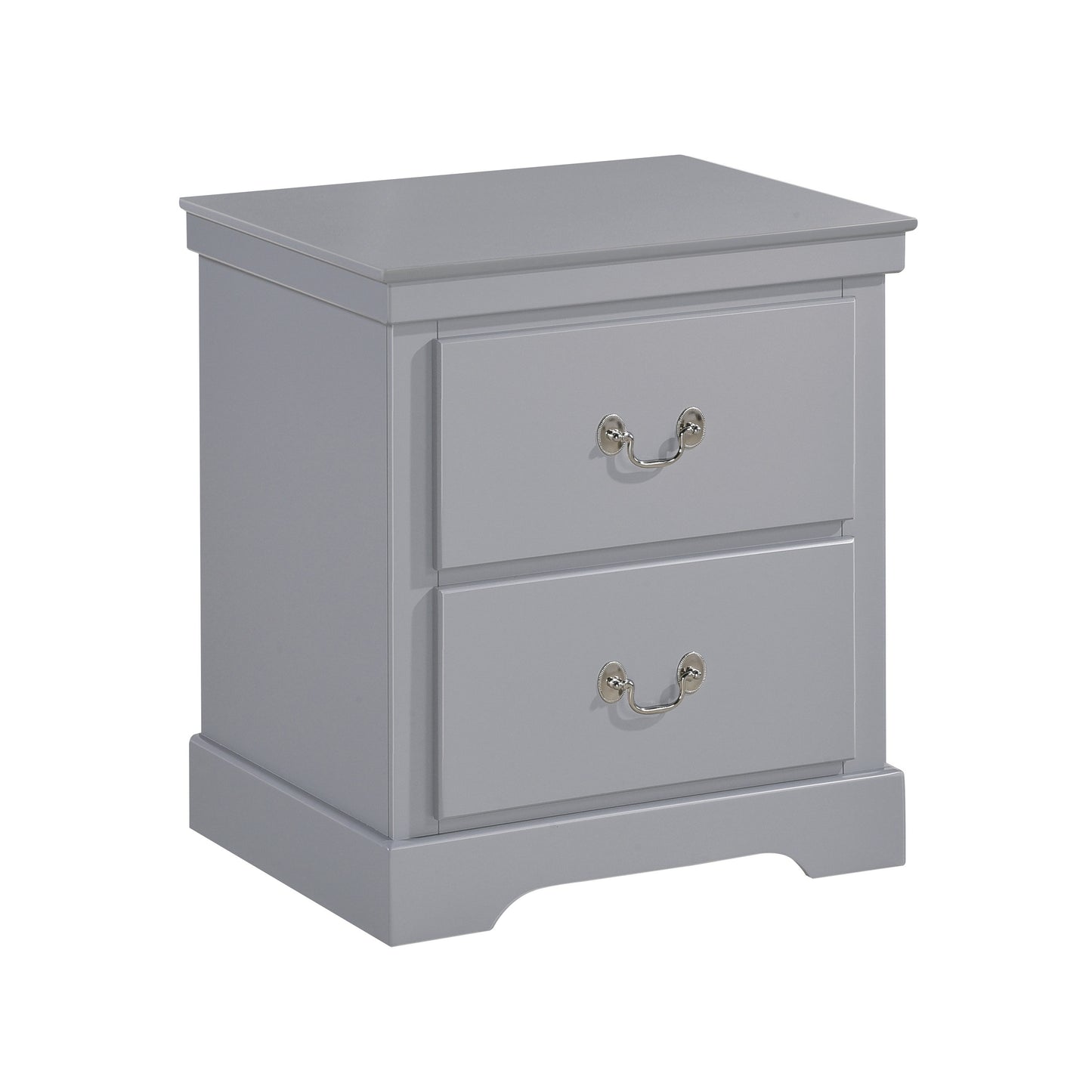 Gray twodrawer nightstand with silver pull handles