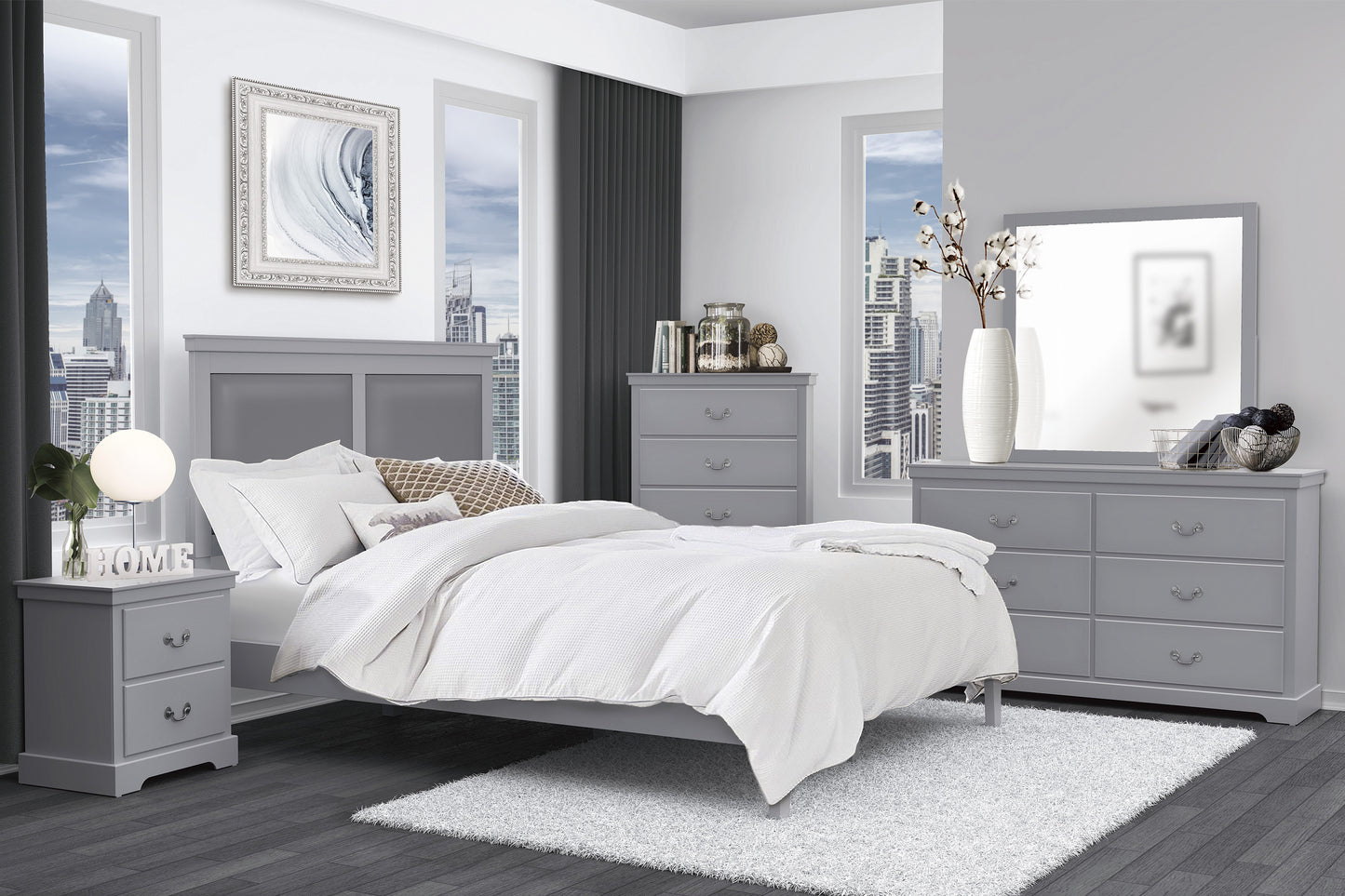 Gray wooden king bed with white bedding and a textured duvet