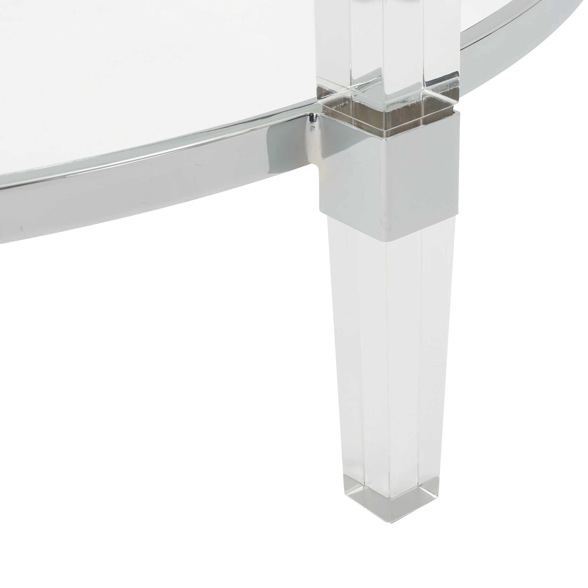 Clear acrylic table leg with polished chrome accents perfect for modern furniture