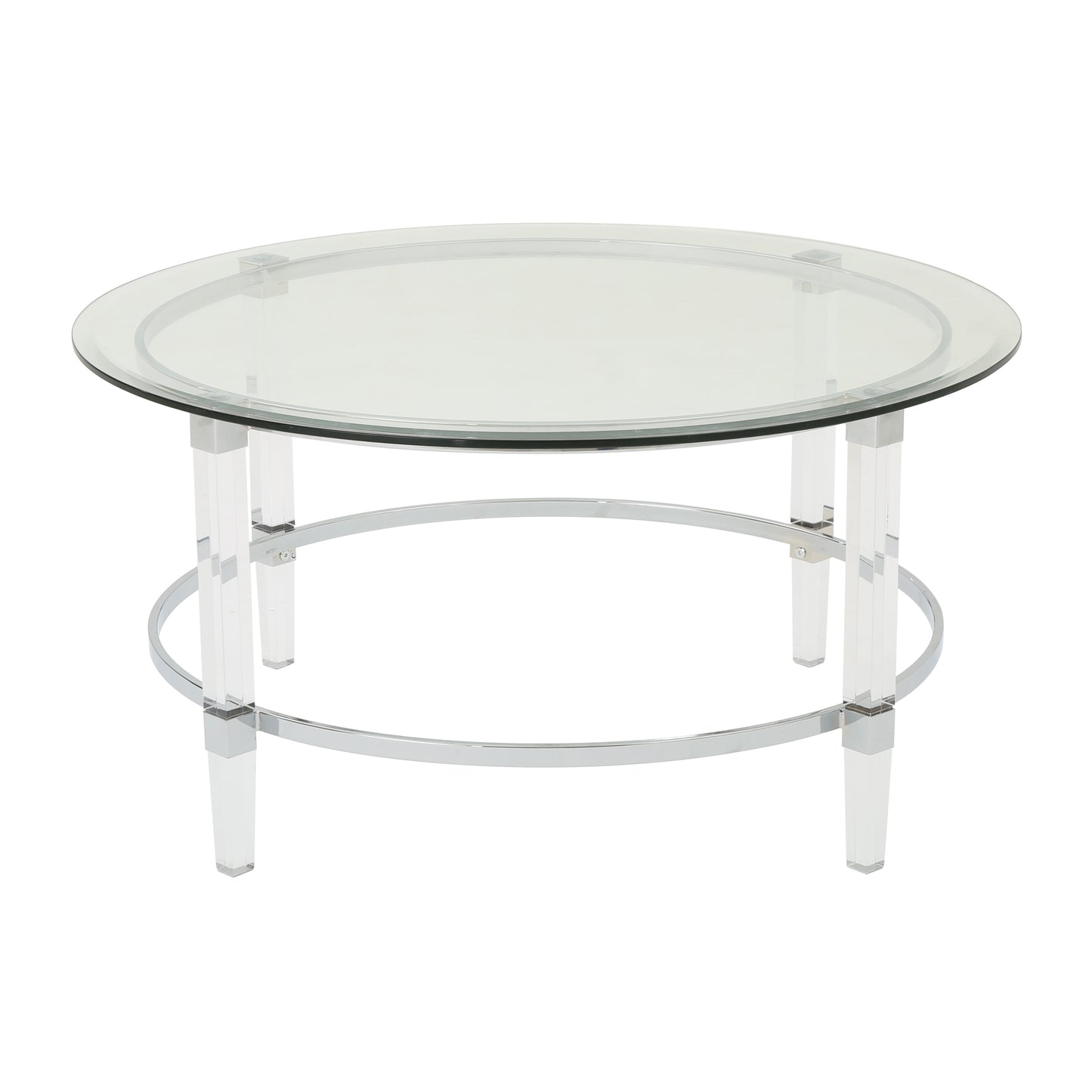 Modern round glass coffee table with clear acrylic legs and chrome accents
