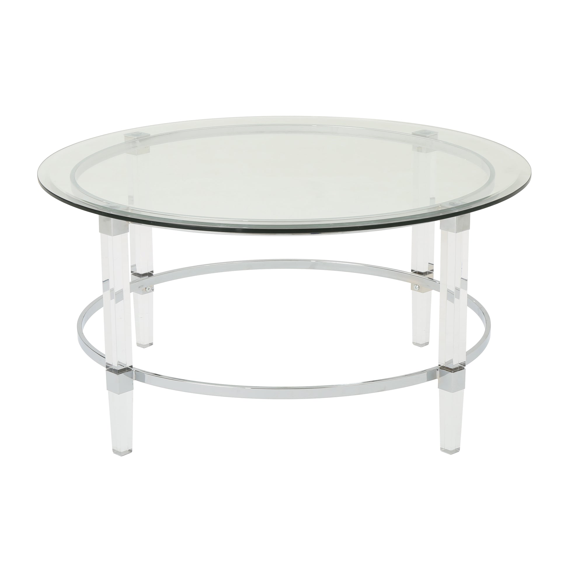 Modern round glass coffee table with clear acrylic legs and chrome accents