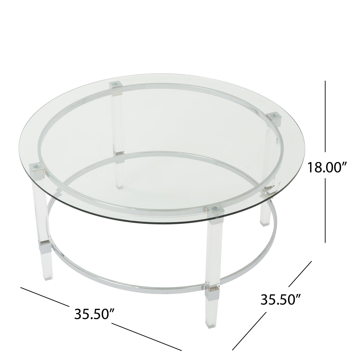 Clear glass round coffee table with acrylic legs and chrome accents