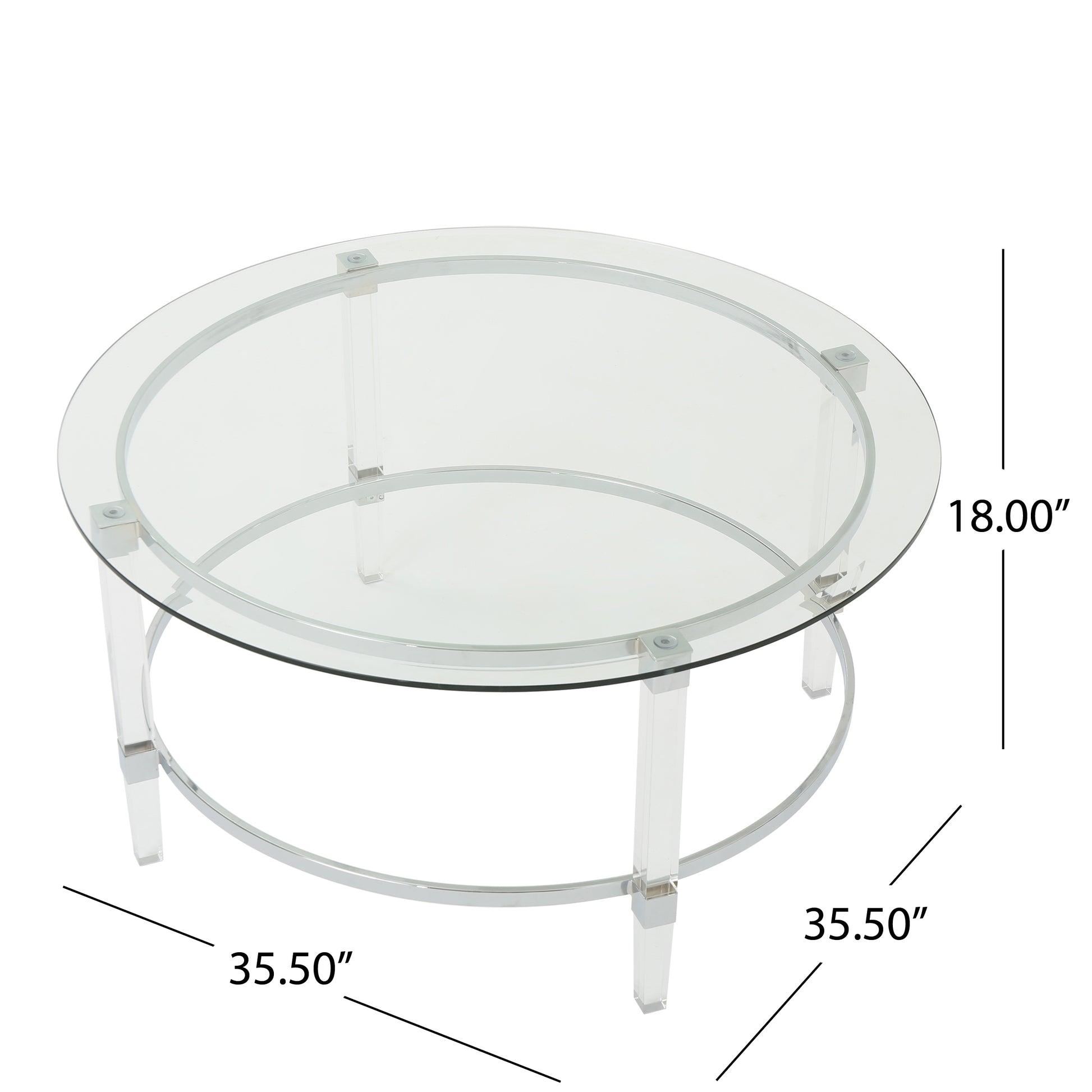 Clear glass round coffee table with acrylic legs and chrome accents