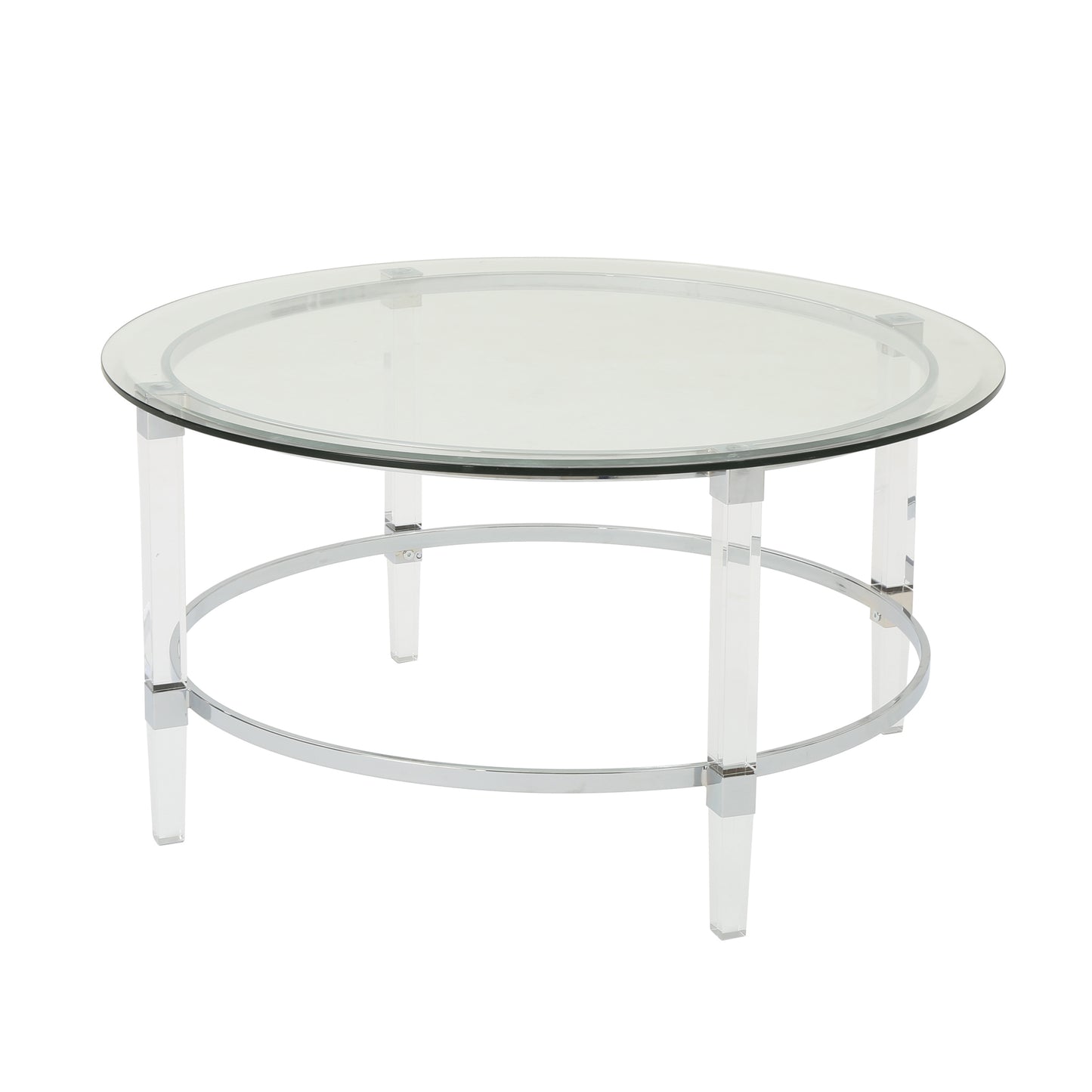 Modern round glass coffee table with clear acrylic legs and chrome accents