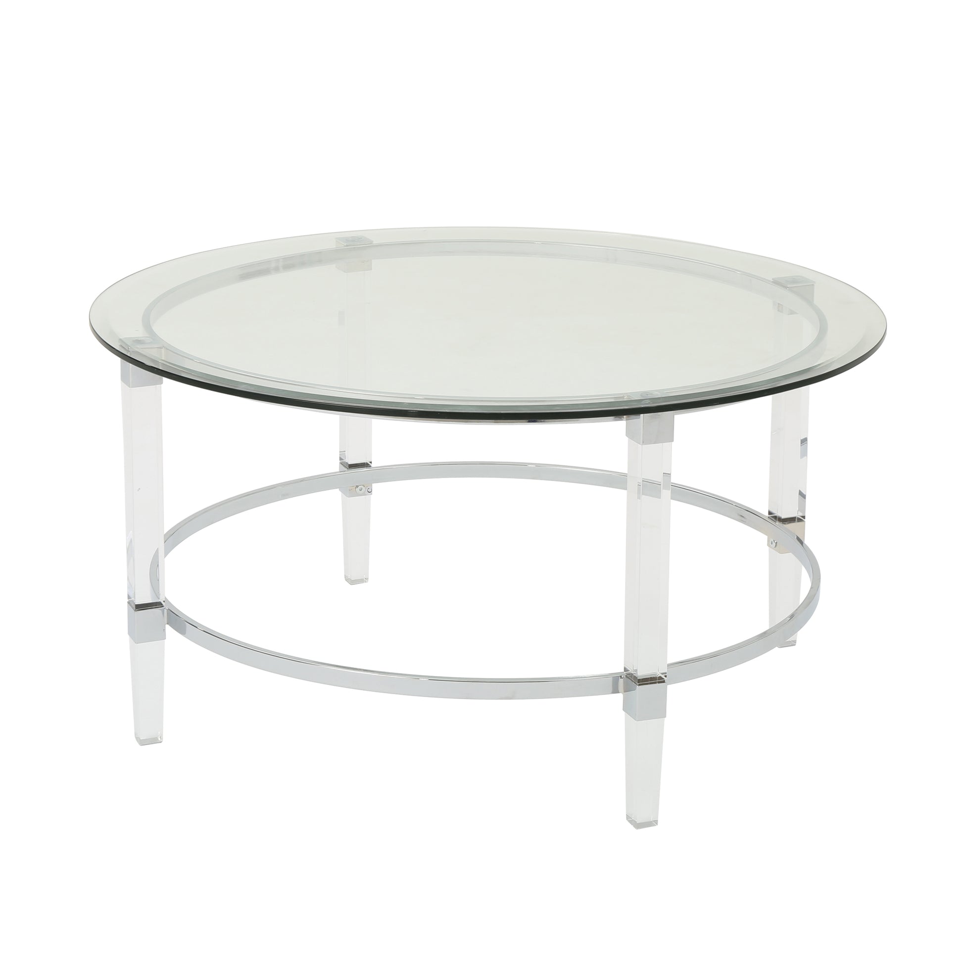 Modern round glass coffee table with clear acrylic legs and chrome accents