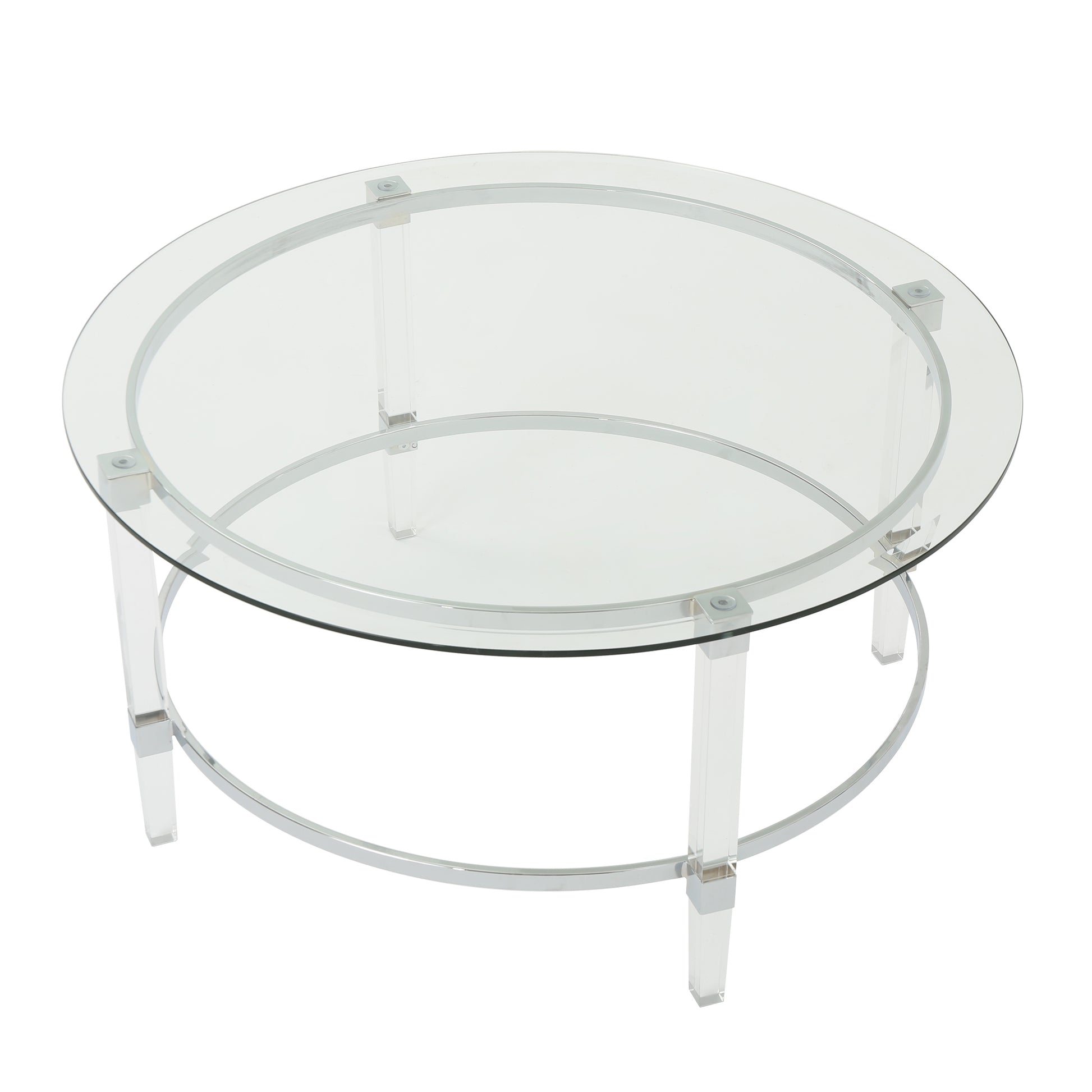 Clear glass round coffee table with chrome accents and clear acrylic legs