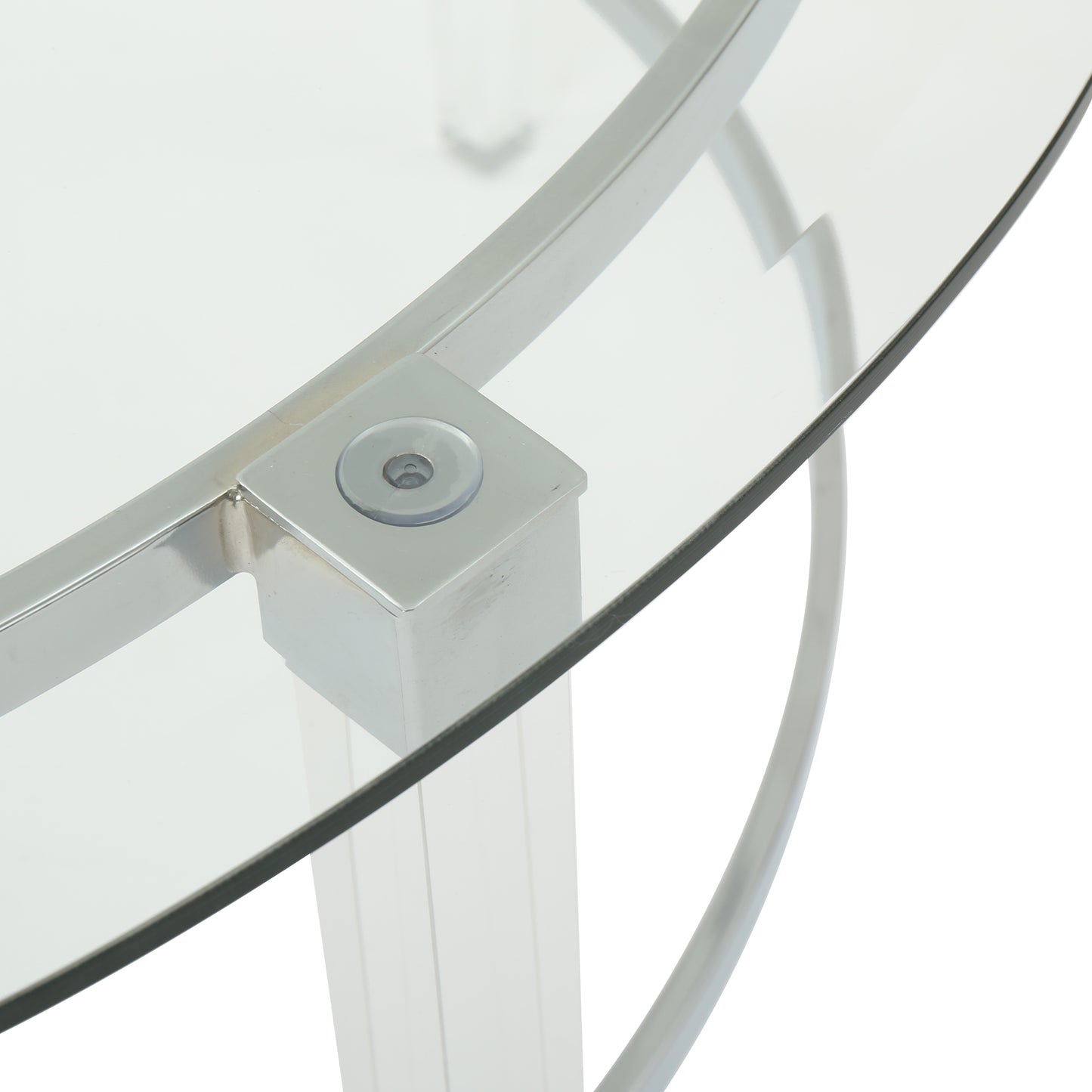 Clear tempered glass tabletop with polished chrome frame and square support detail