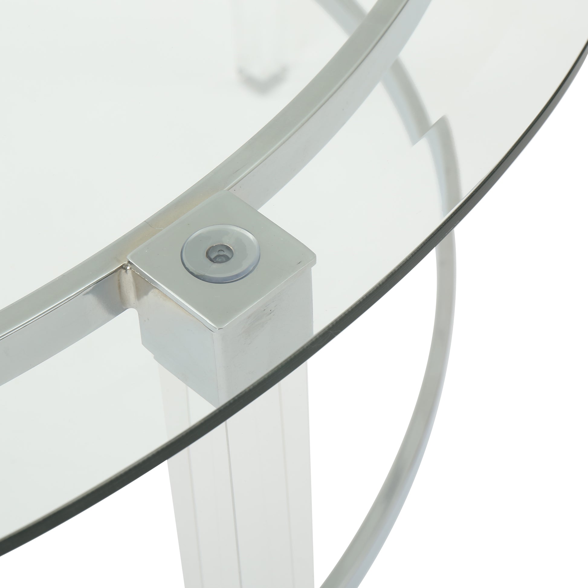 Clear tempered glass tabletop with polished chrome frame and square support detail