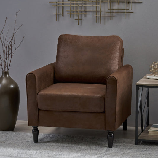 Brown faux leather armchair with plush seating and dark wooden legs