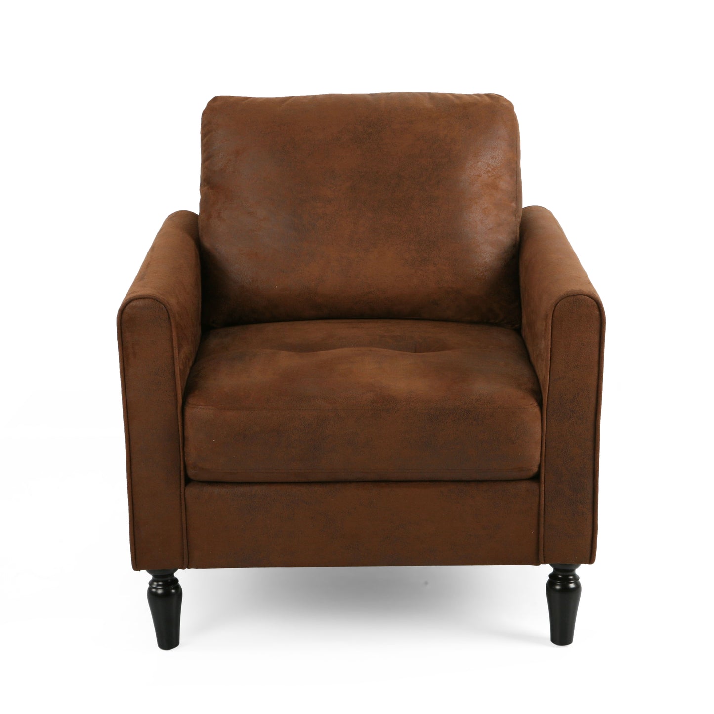 Tufted brown faux leather accent chair with rolled arms and dark wooden legs