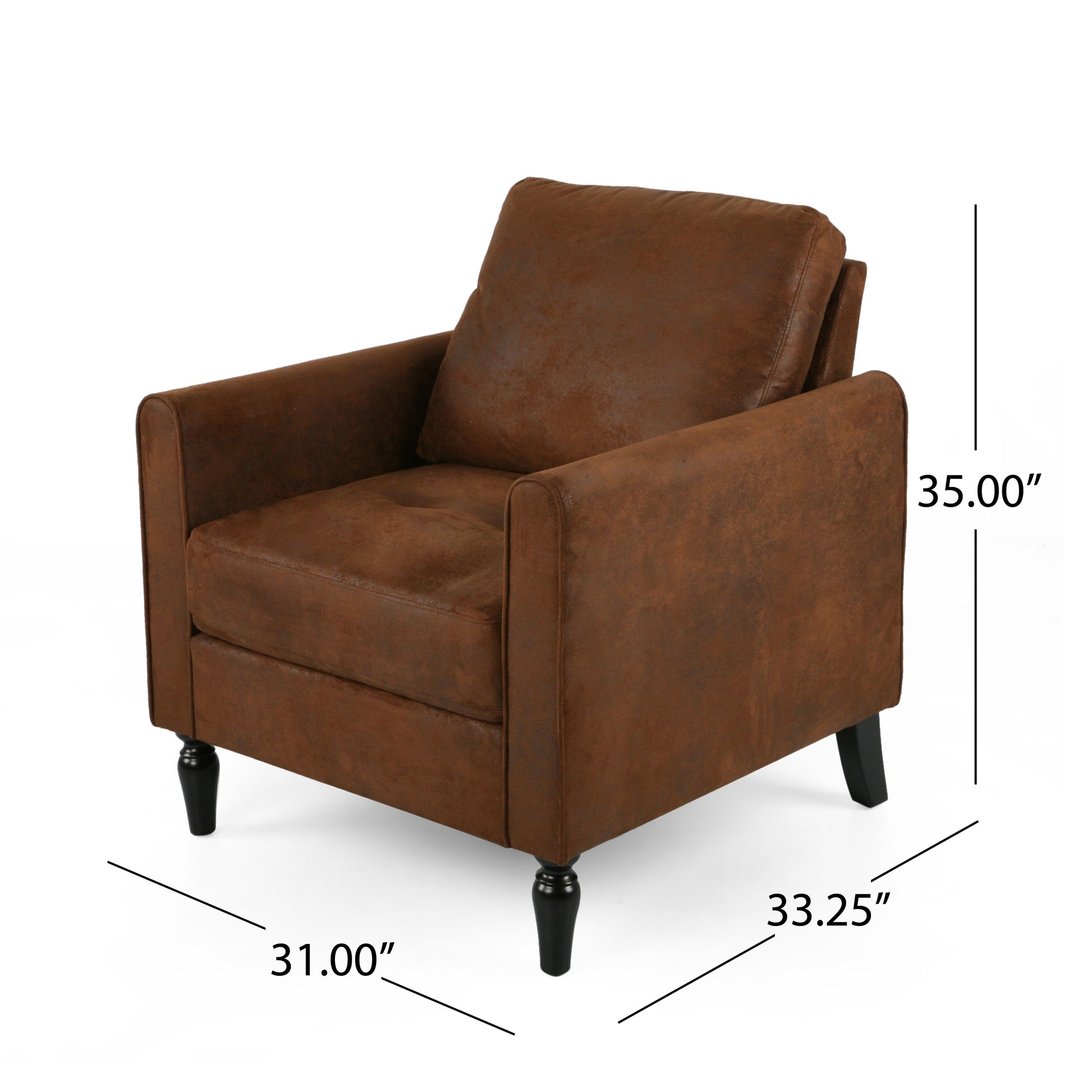 Brown faux leather accent chair with plush cushion and dark wood legs