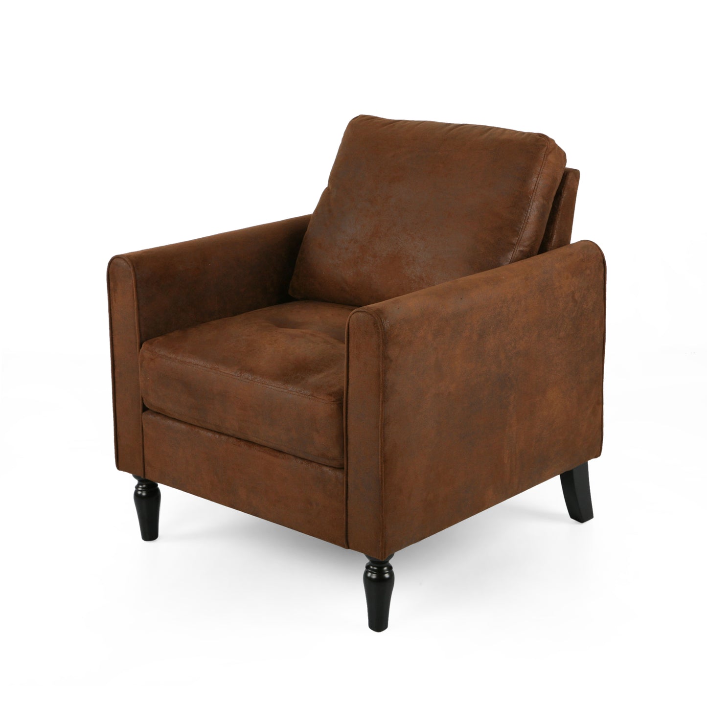Brown faux leather armchair with tufted seat and black legs