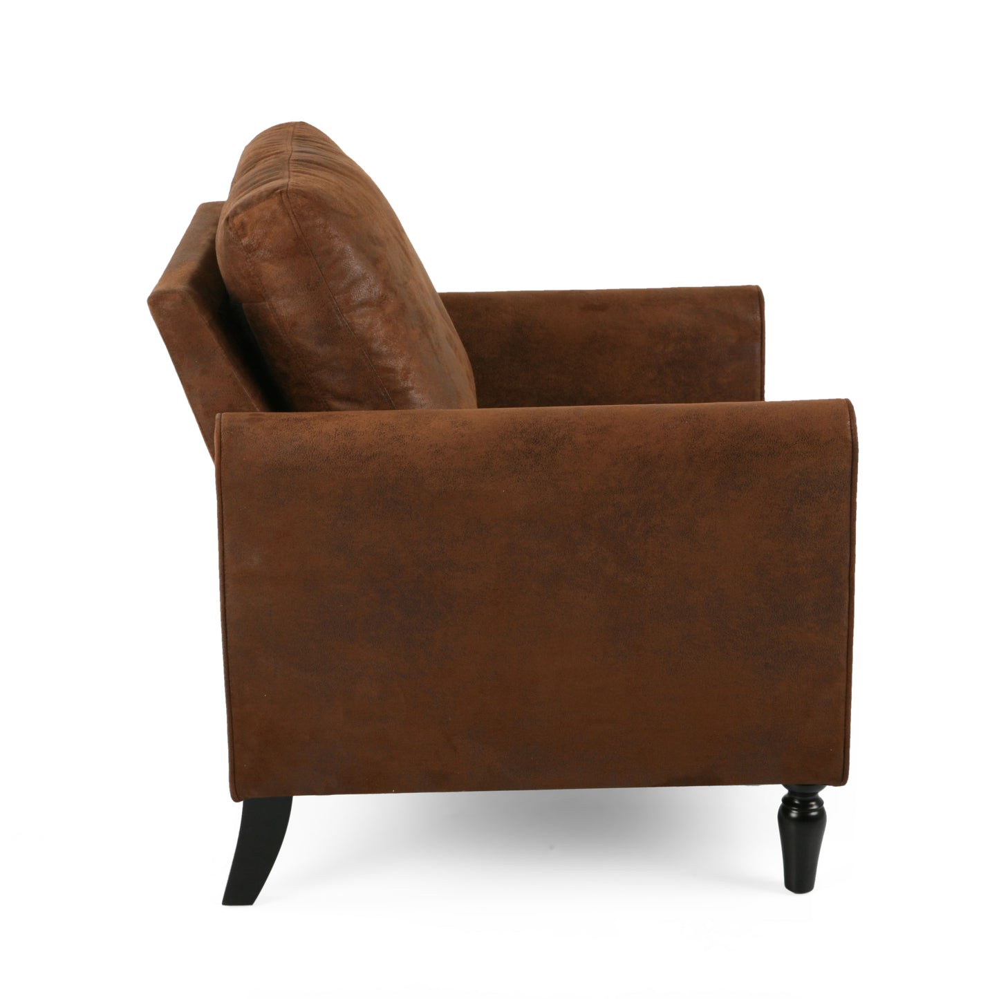 Brown faux leather armchair with plush cushion and dark tapered legs