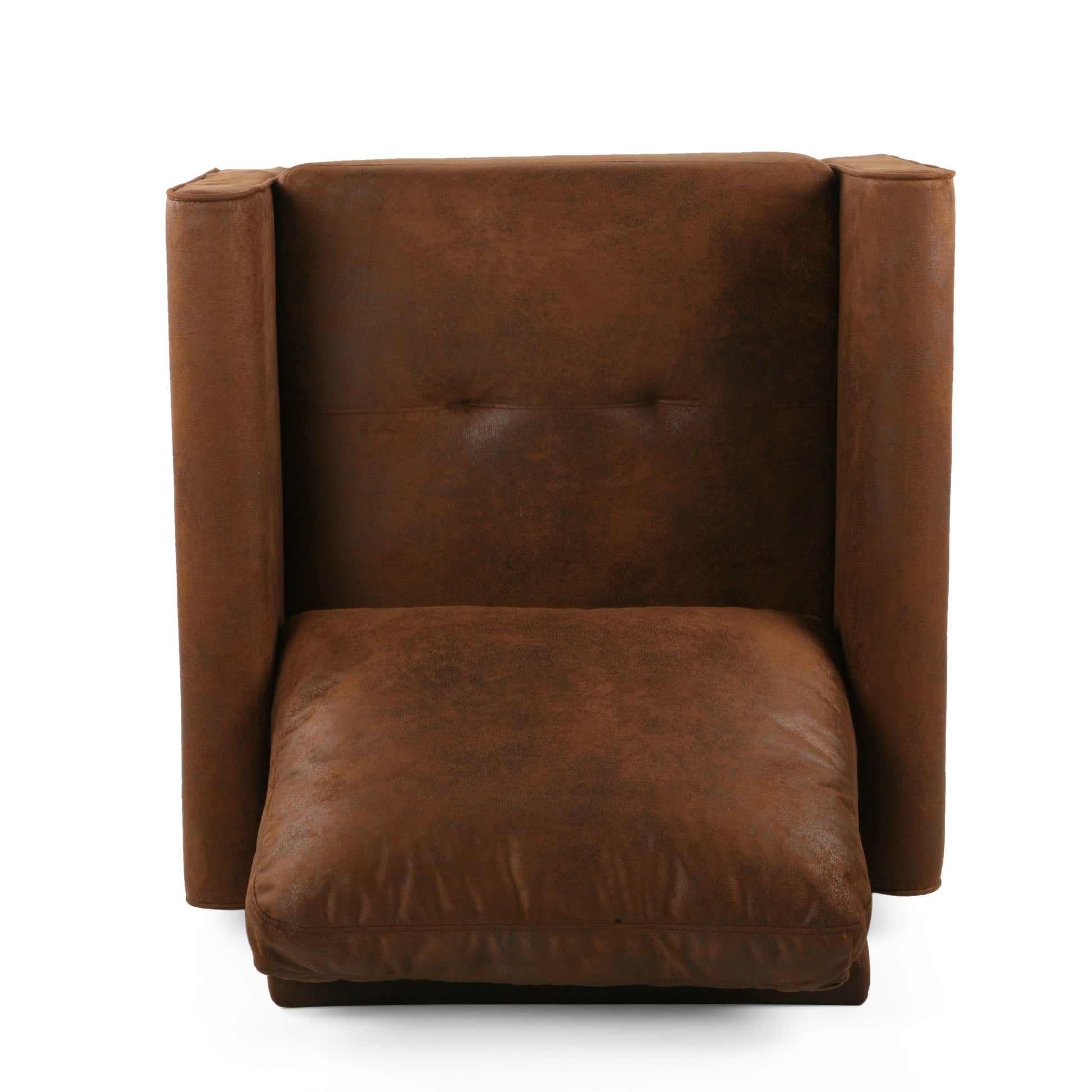 Top view of a tufted brown faux leather recliner with a footrest extended