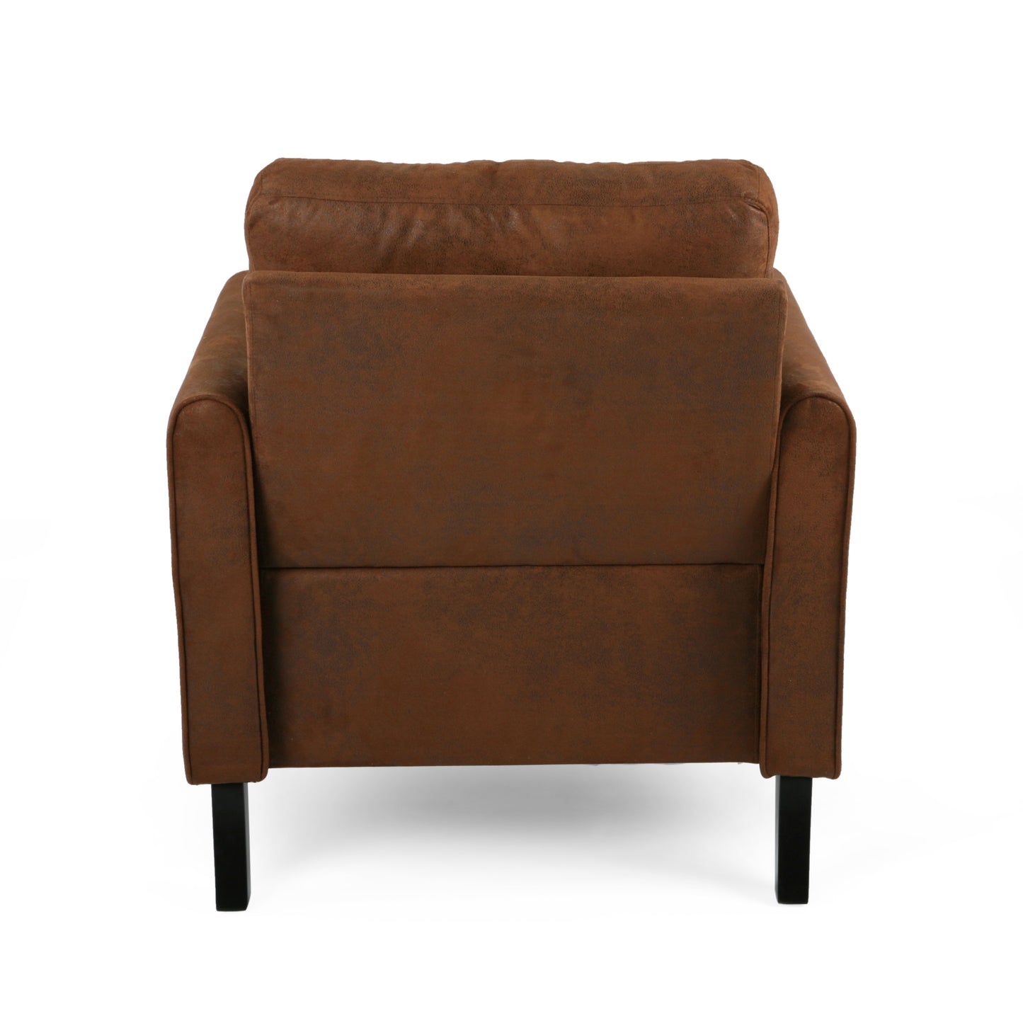 Brown faux leather armchair with plush cushioning and modern black legs