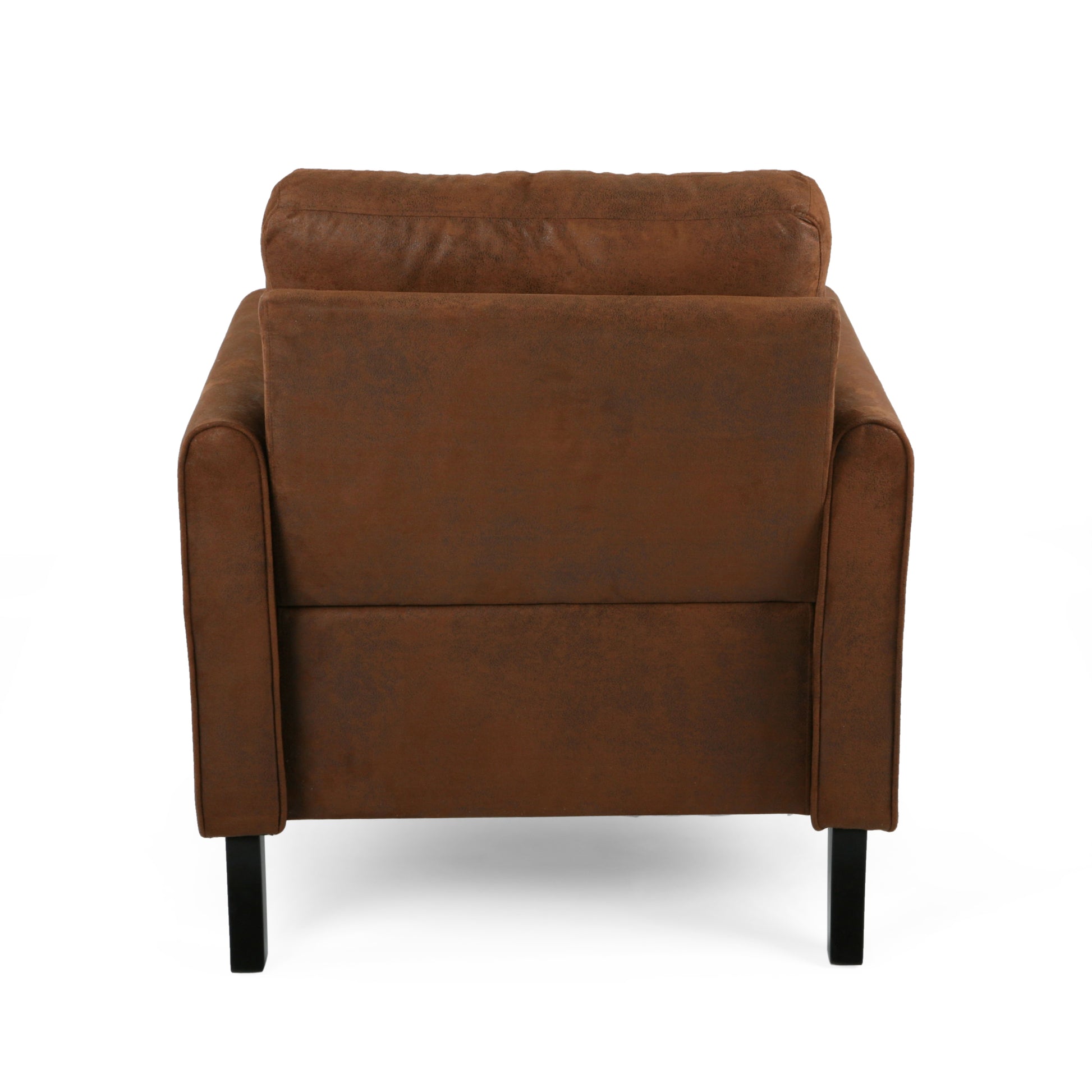 Brown faux leather armchair with plush cushioning and modern black legs