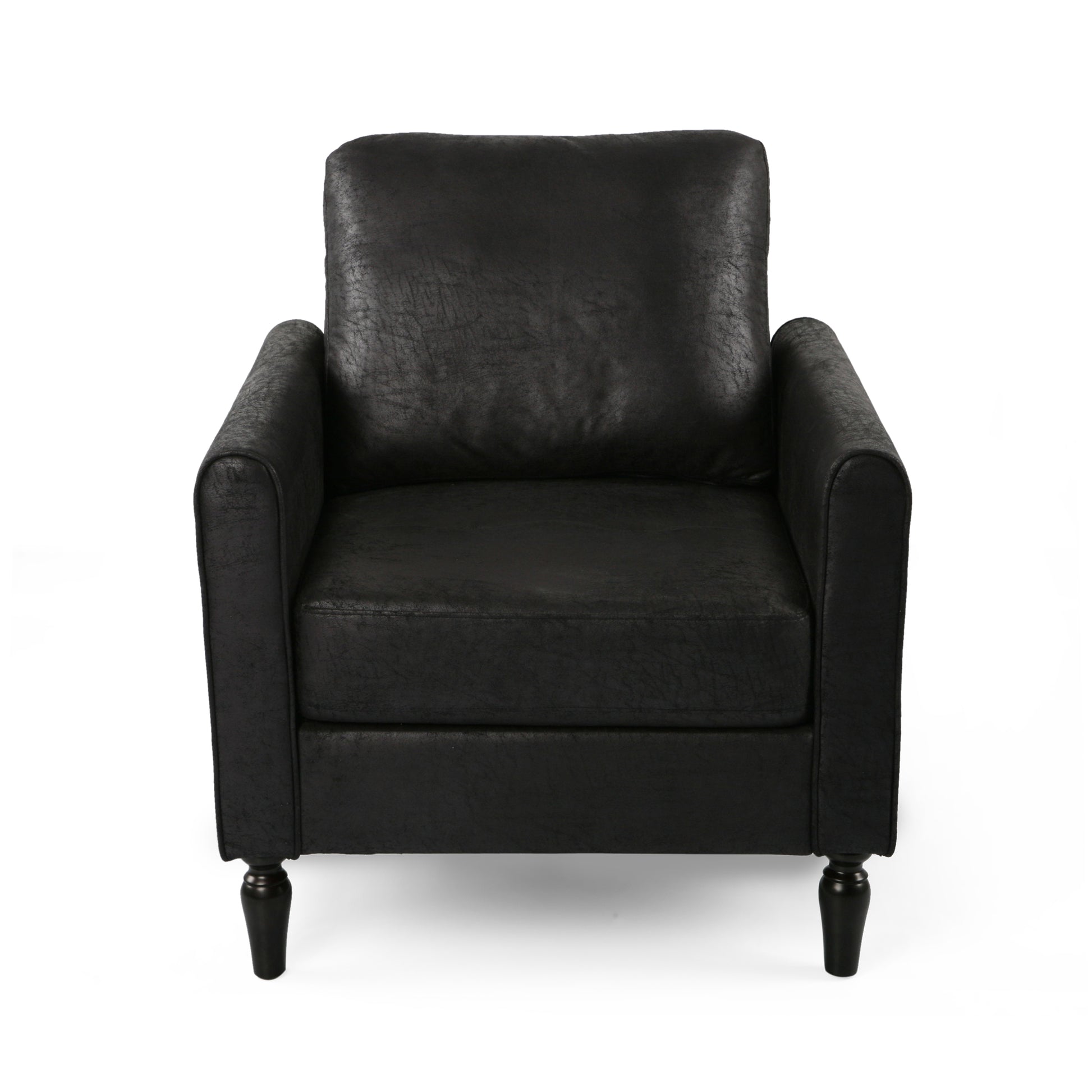 Plush black faux leather armchair with rolled arms and wooden legs