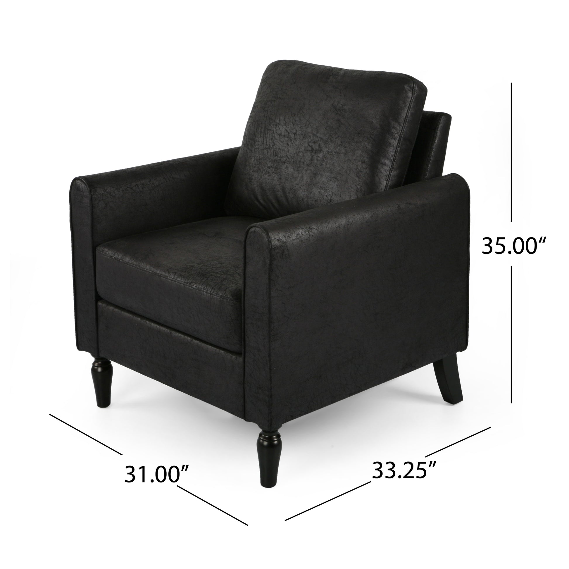Black faux leather armchair with plush cushion and turned wooden legs perfect for living rooms