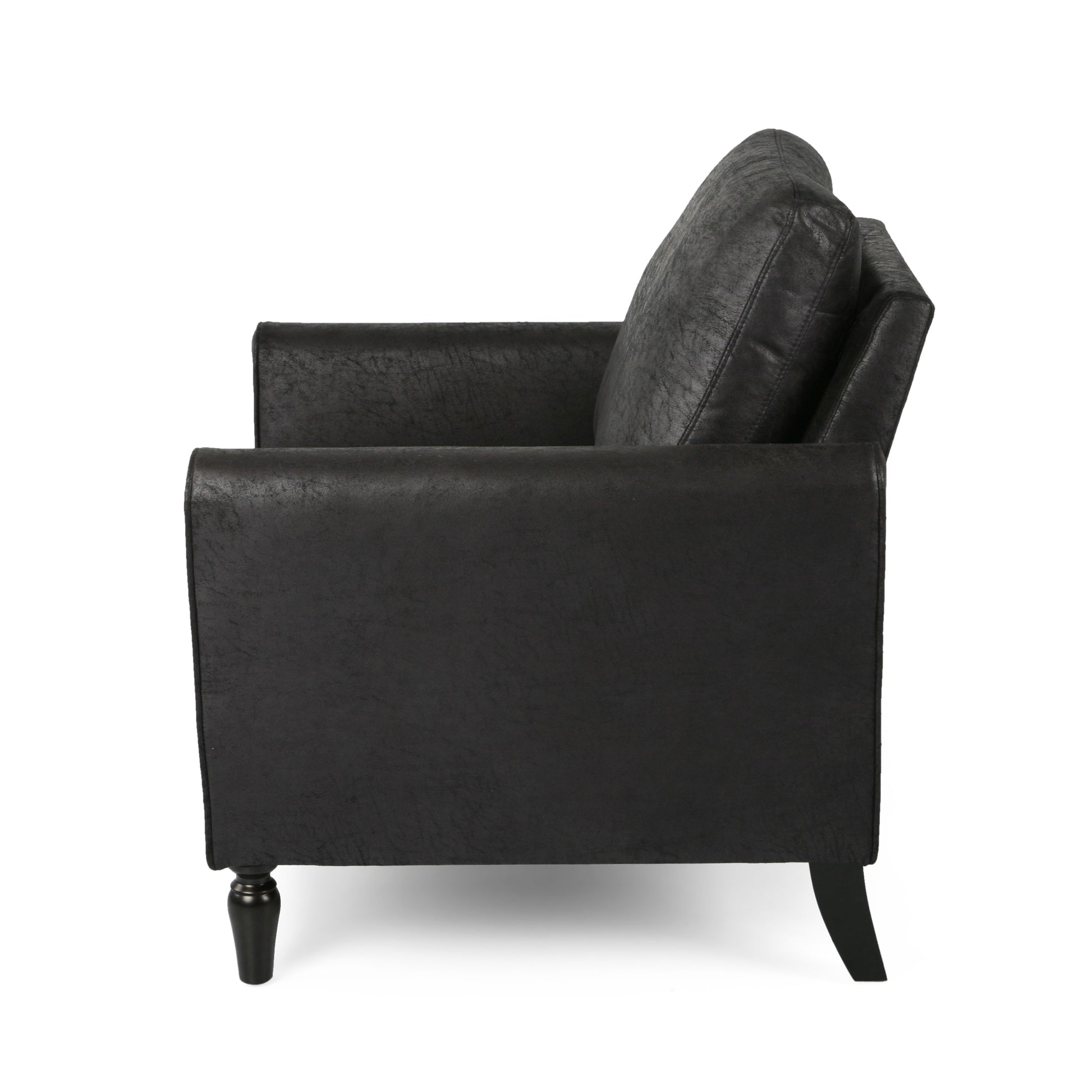 Side view of a black faux leather armchair with wooden legs modern style