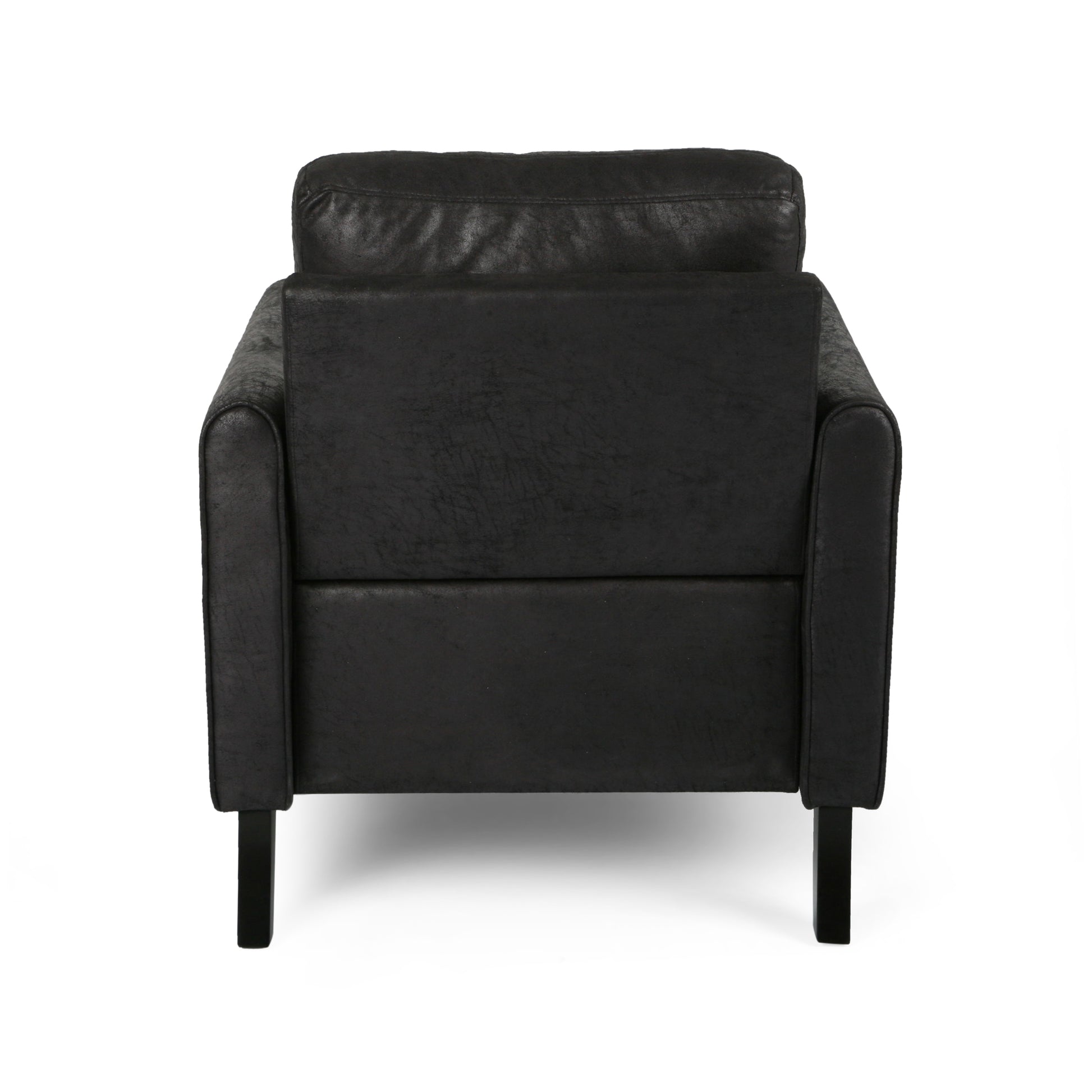 Black faux leather armchair with modern minimalist design and plush seating