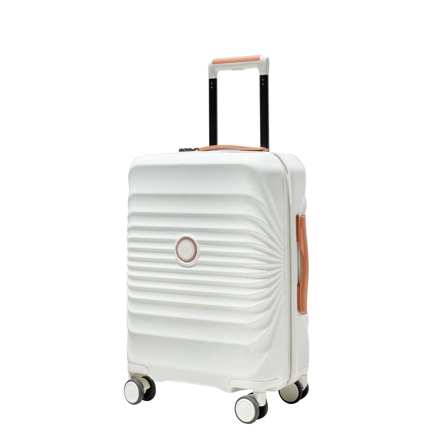 Sleek white hardside spinner luggage with tan leather accents perfect for stylish travel