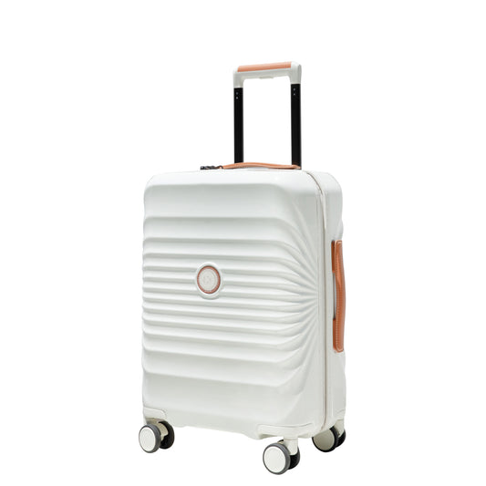 Sleek white hardside spinner luggage with tan leather accents perfect for stylish travel