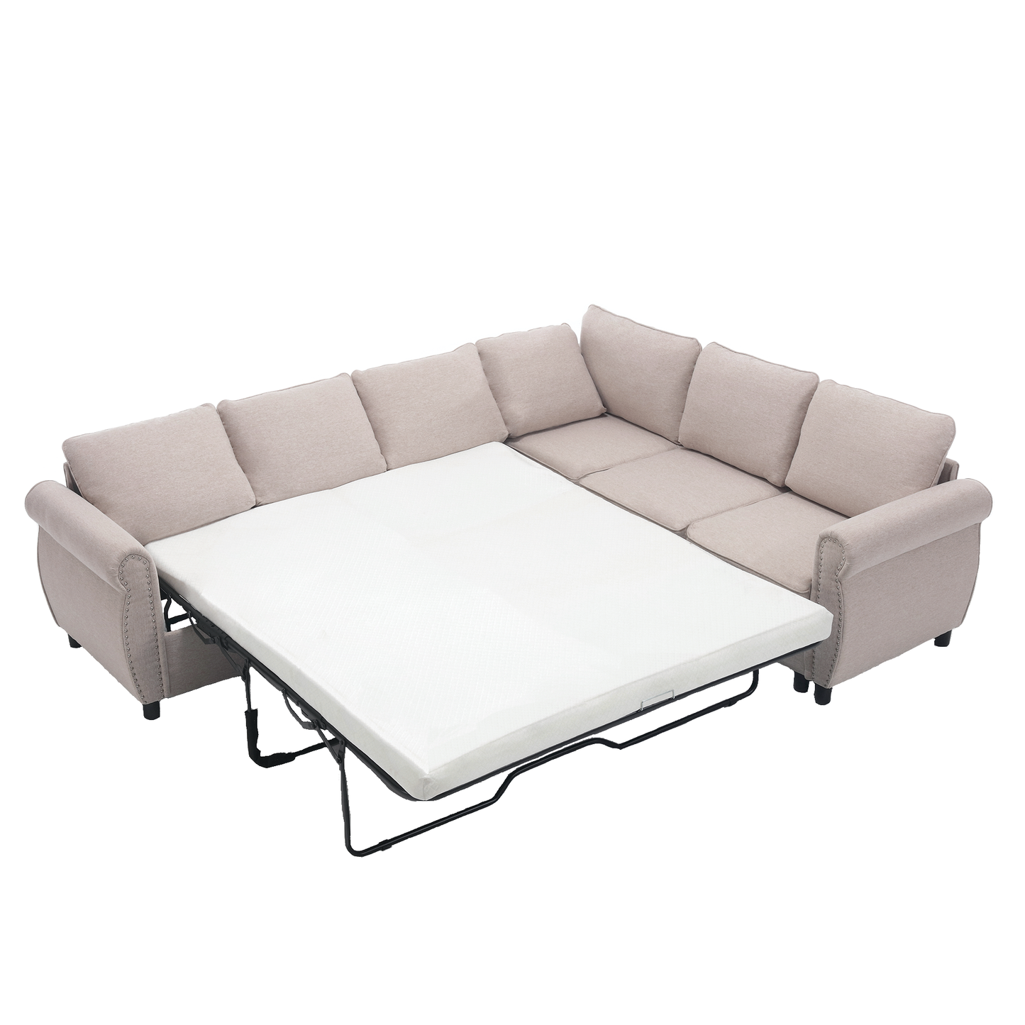 Beige linen sectional sofa with pullout bed mechanism