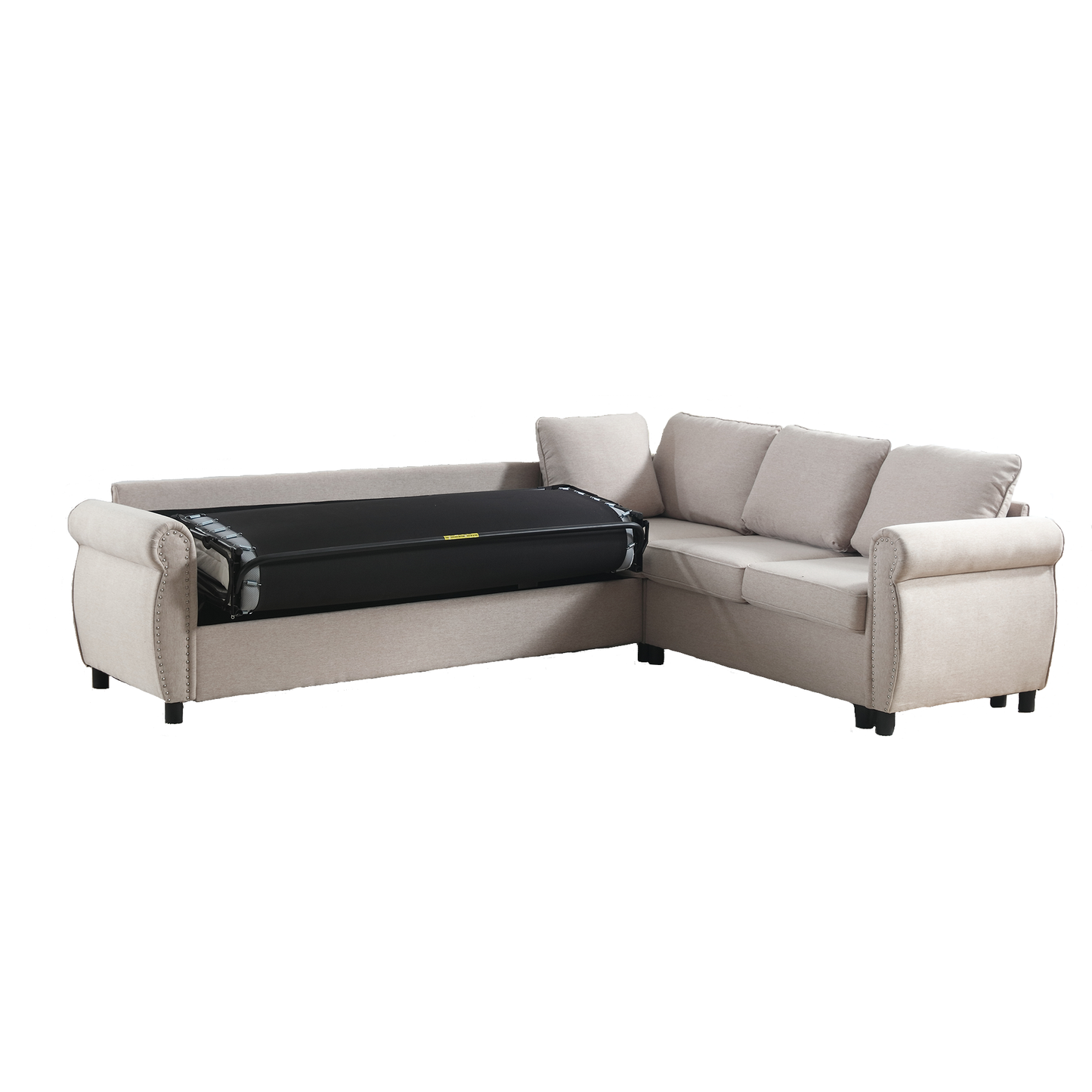 Beige sectional sofa with rolled arms and exposed mattress mechanism for sofa bed conversion